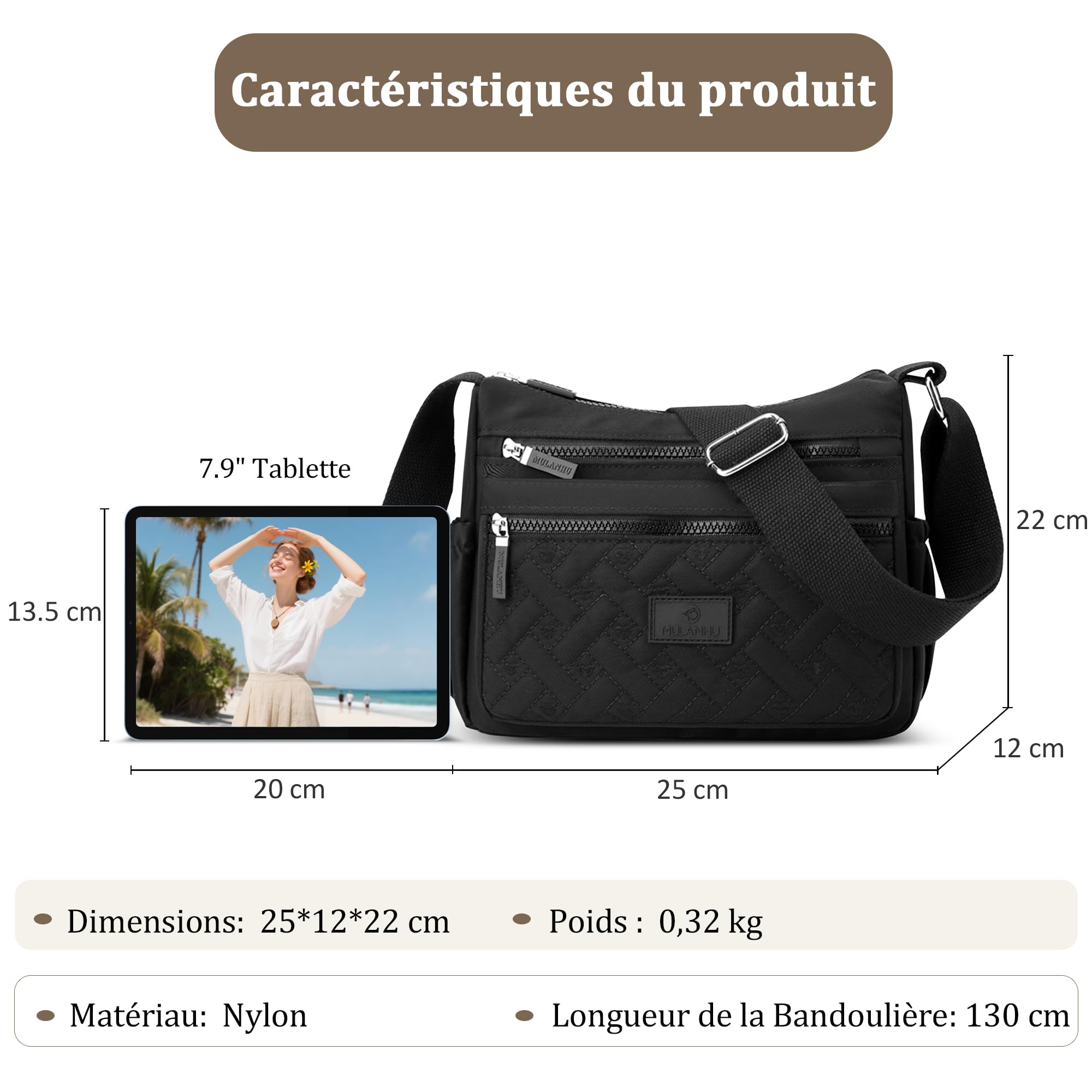 Femme Sac Bandoulière Multi-poches Sac Messenger Léger Résistant Polyester Sac à bandoulière pour Randonnée Voyages Noir