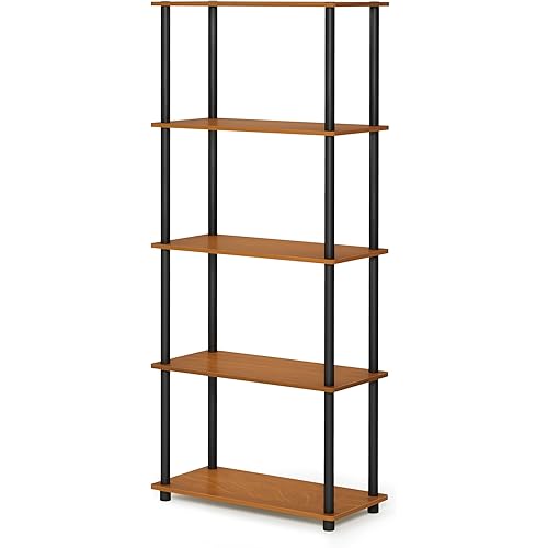 Furinno Turn-N-Tube 5-Tier Multipurpose Shelf / Display Rack / Storage Shelf / Bookshelf, Round Tubes, Light Cherry/Black