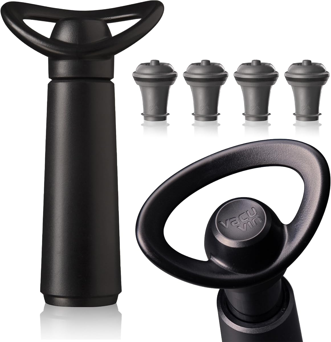 Vacu Vin Concerto Wine Saver Pump - Tapón para botella de vino con 4 tapones al vacío - Tapón conservante para vino tinto o blanco - Accesorios de vino para mantener el vino fresco - Negro