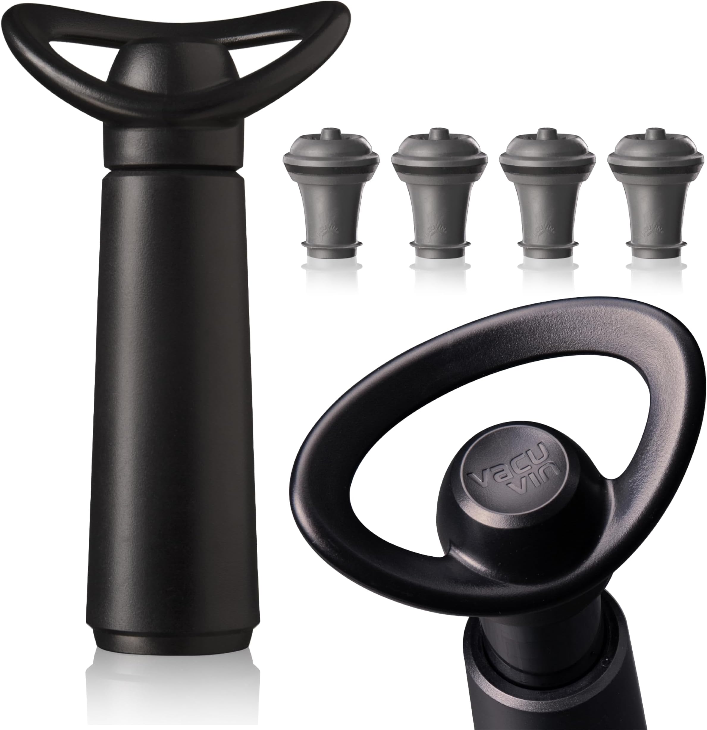 Wine Saver Concerto โ Premium Wine Preserver Vacuum Pump with 4 Stoppers โ Made in the Netherlands โ Airtight Seal Keeps Red or White Wine Fresh up to 10 Days โ Click Indicator โ Black