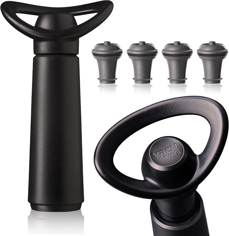Vacu Vin Concerto Wine Saver Pump - Tapón para botella de vino con 4 tapones al vacío - Tapón conservante para vino tinto o blanco - Accesorios de vino para mantener el vino fresco - Negro