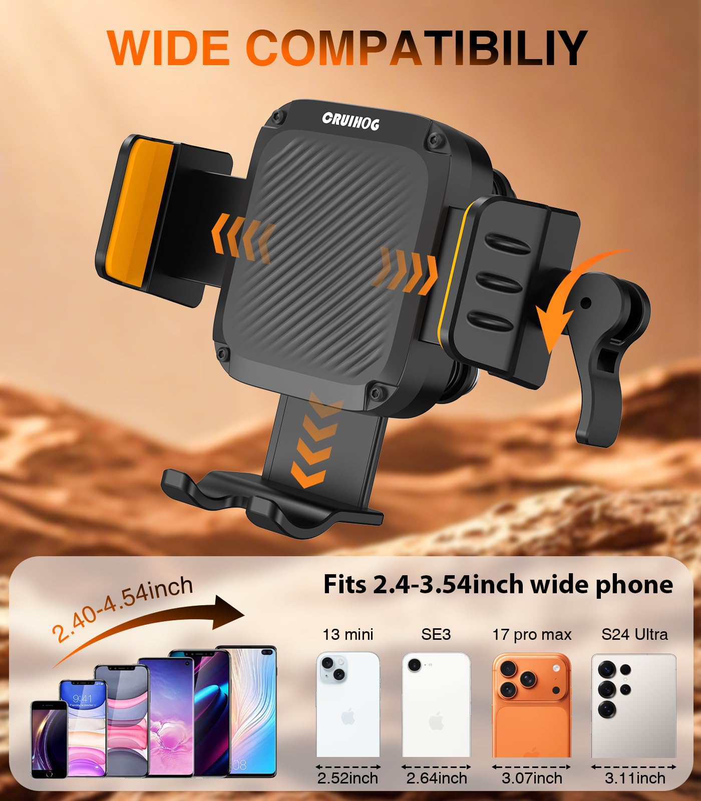 Support de téléphone pour vélo, moto, 4 amortisseurs de vibration, compatible avec l'appareil photo, support de téléphone pour vélo, scooter, VTT, poussette, taille réglable pour téléphone de