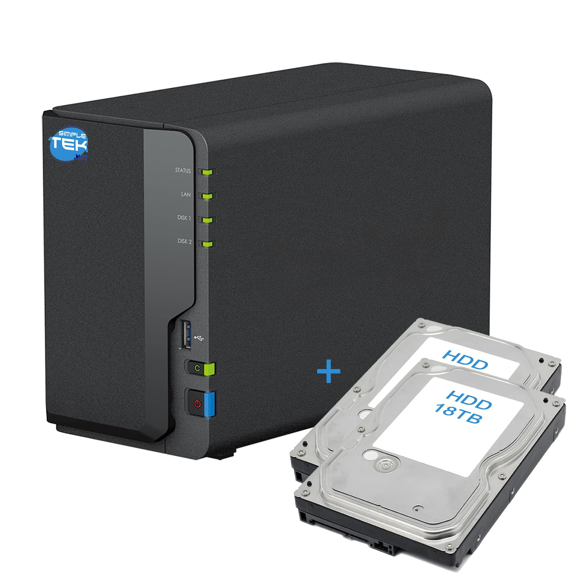 SIMPLETEK - Périphérique de stockage réseau NAS à 2 baies avec double disque dur 18 To+18 To, Gigabit LAN, copie USB, 2 Go DDR4
