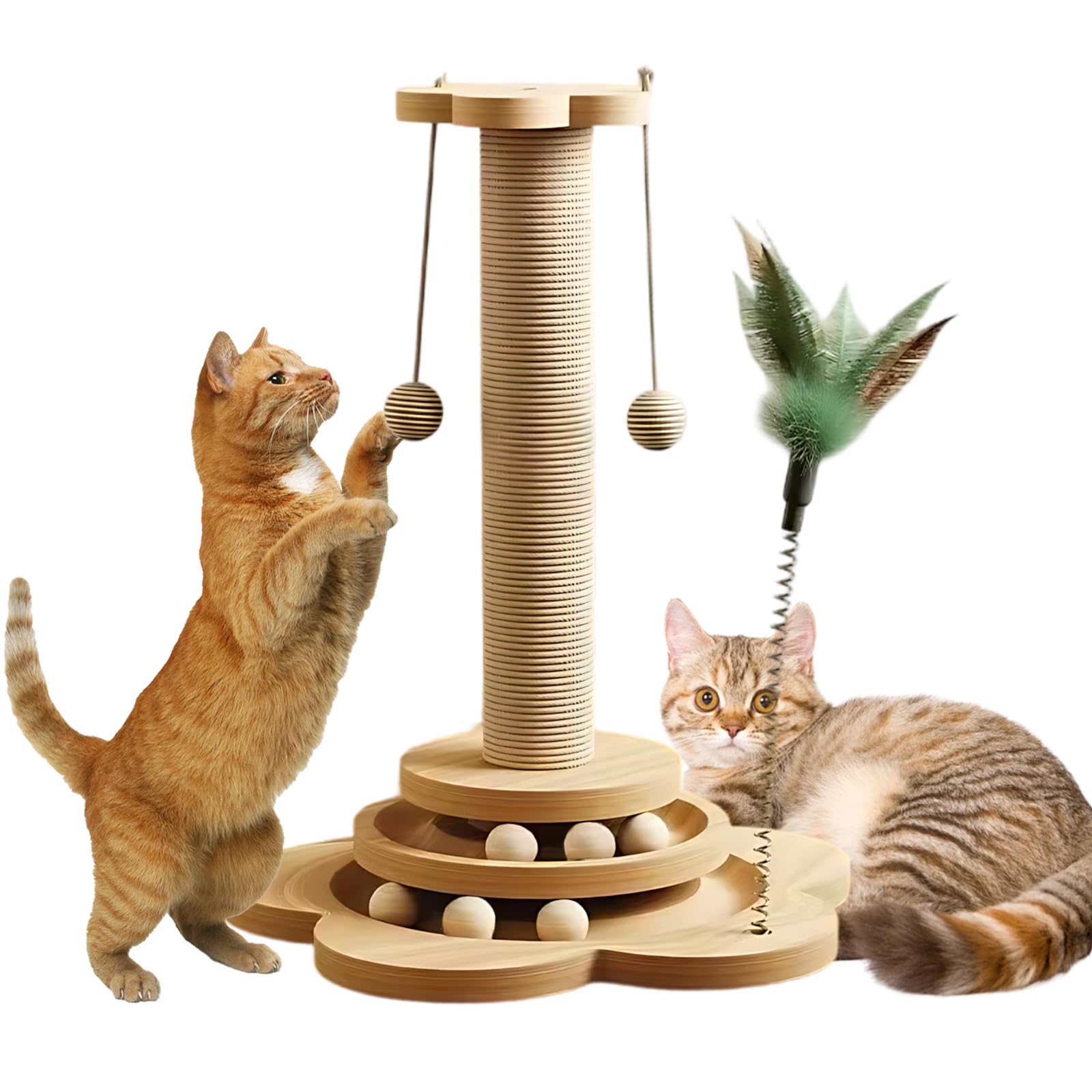 Cat Scratching Post with 6 Wood Balls & Interactive Toys - Sturdy 46cm Tall Scratching Post for Indoor Cats, Multi-Level Play Tower, Easy Assembly Space-Saving Cat Tree