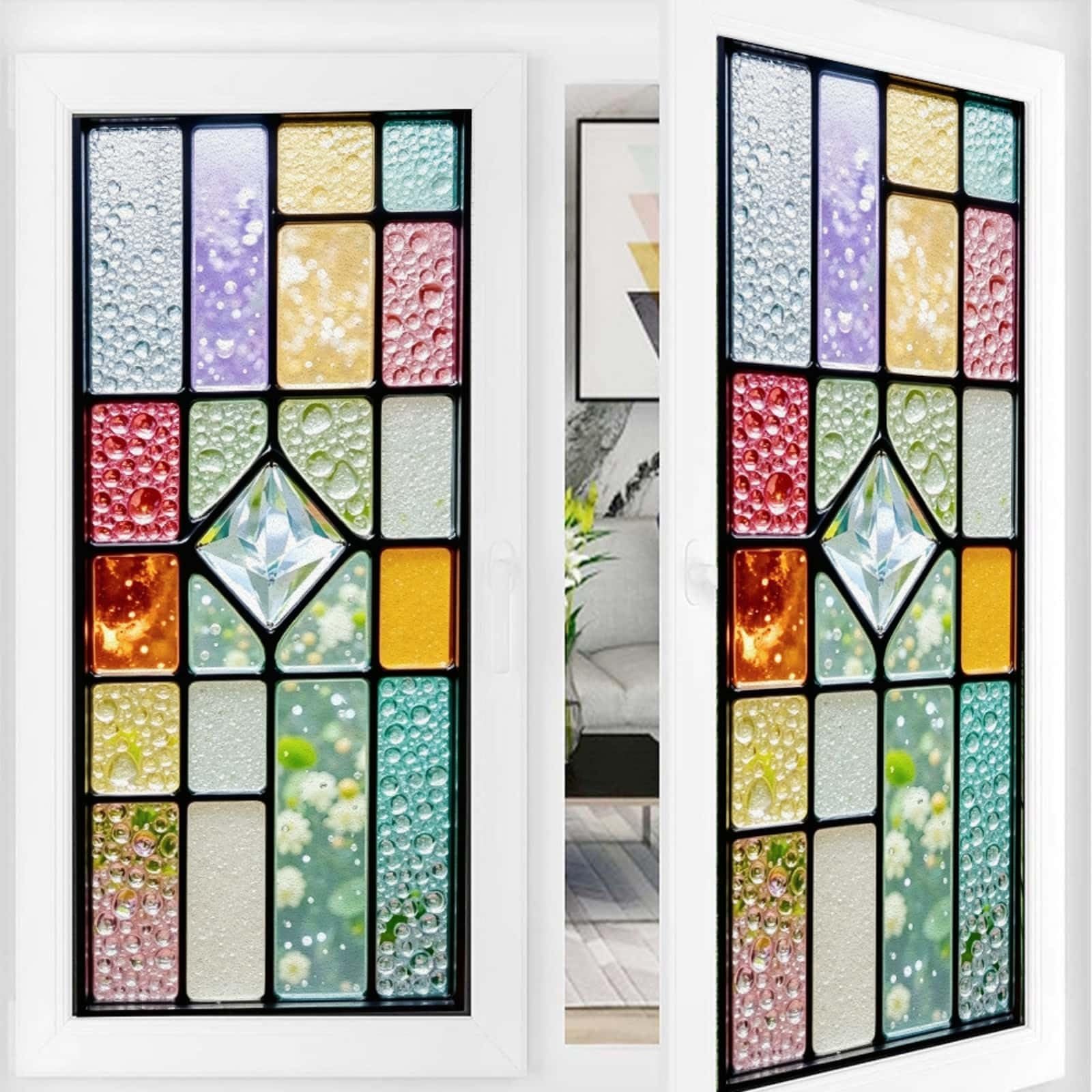 Privacy Film for Glass Windows 43x200cm Metallic Geometry Stained Glass Window Film Non Adhesive Reusable Waterproof PVC Opaque Window Stickers for Bathroom Office Decoration