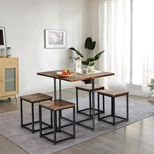 Miniatura 2 de Giantex Juego de mesa de comedor de 5 piezas, juego de comedor para 4 personas con taburetes cuadrados, juego de mesa de cocina pequeña con marco de