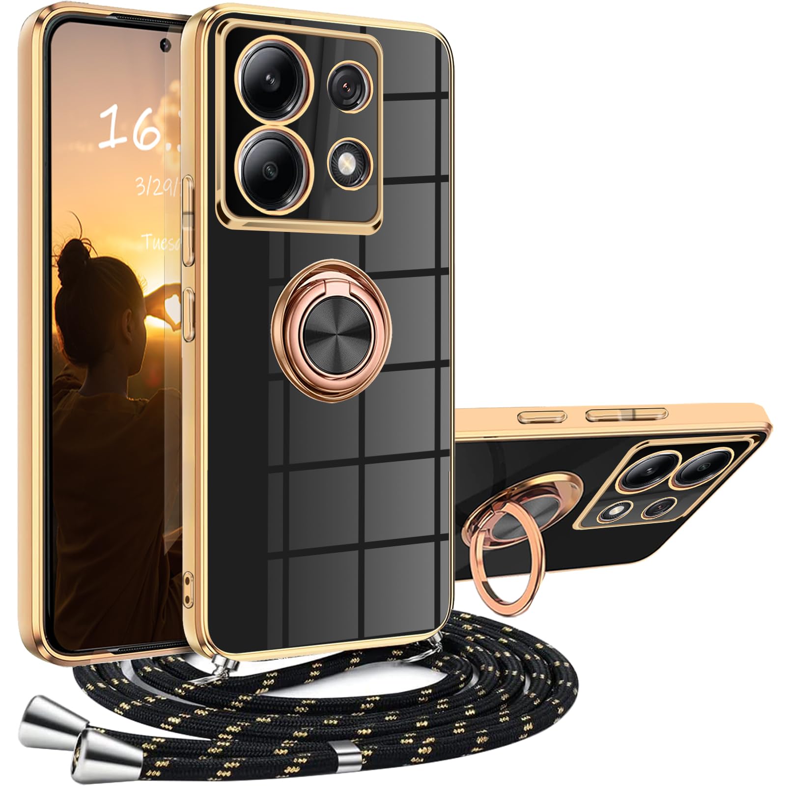 Cover Per Xiaomi Redmi Note 13 Pro Plus 5G Con Cordino E Anello Metallico 360° – Custodia Morbida In Silicone Antiurto, Bordo Glitterato, Laccio A Collo, Colore Nero - 6