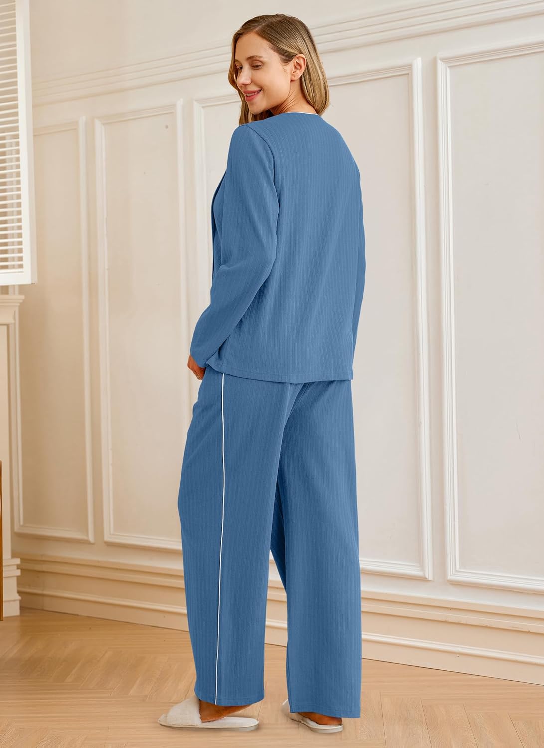 OUGES 100% Cotton Women's Maternity Nursing Pajamas Sets Button Down Breastfeeding Loungewear Top & Pants with Pockets - Image 4