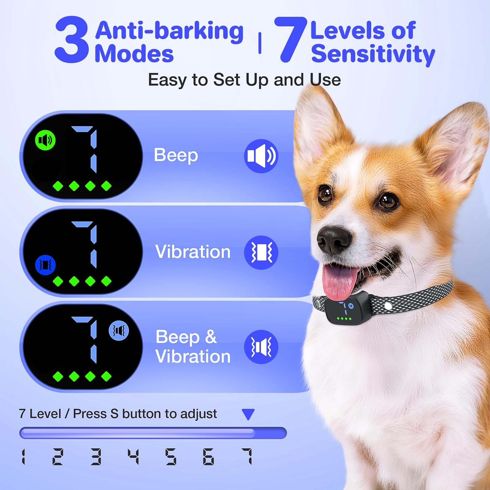 Collar de ladridos para perros grandes, medianos y pequeños, dispositivo antiladridos para perros, collar inteligente recargable con 7 sensibilidades ajustables, collar compacto para interiores y