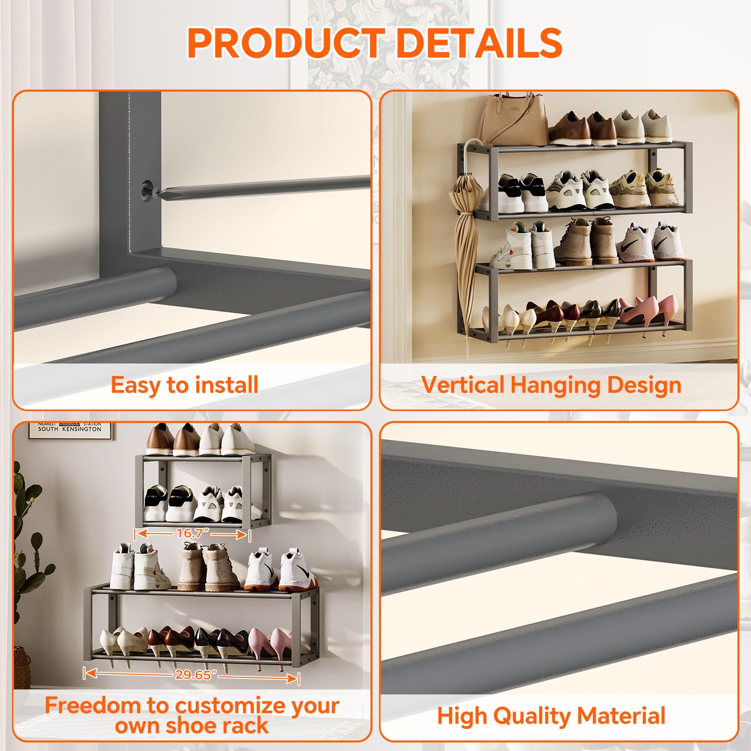 Homeiju Hängender Schuh-Organizer, 2 Stück, Wandmontage, für 12 Paar, platzsparendes Metall-Wand-Schuhregal, Schuhhalter zum Aufhängen für kleine Räume, Eingang, Schrank, Wohnmobil, Wohnmobil (grau)