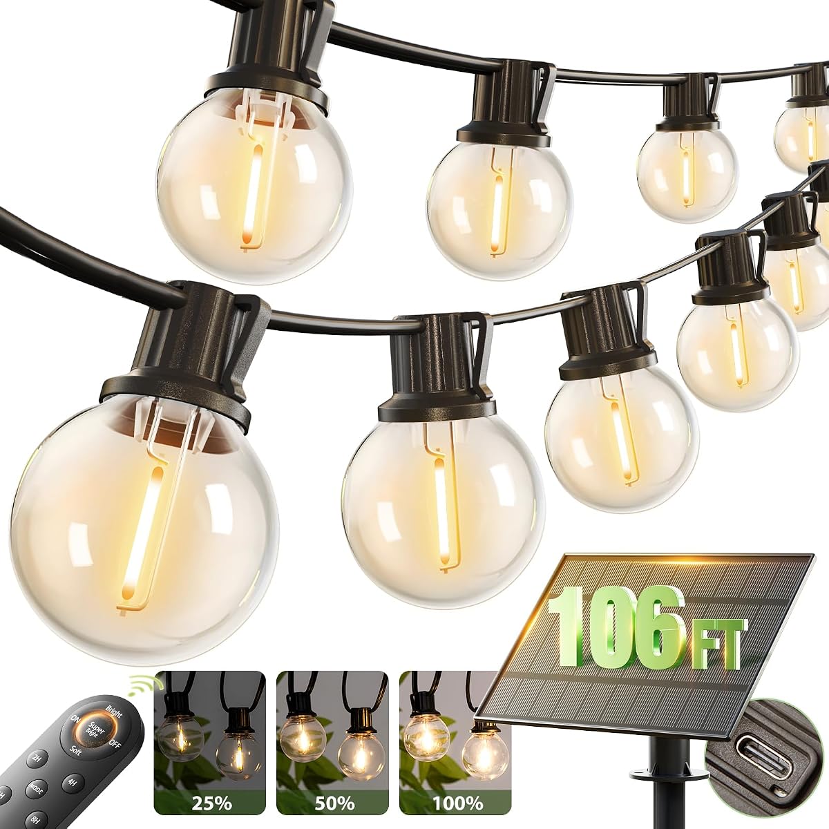 106FT(100+6) Solar String Lights with Remote, 54 LED G40 Bulbs | Commercial Grade Solar Powered Outdoor Light, Dimmable Waterproof Solar Lighting Outdoor for Garden Backyard Party Decor