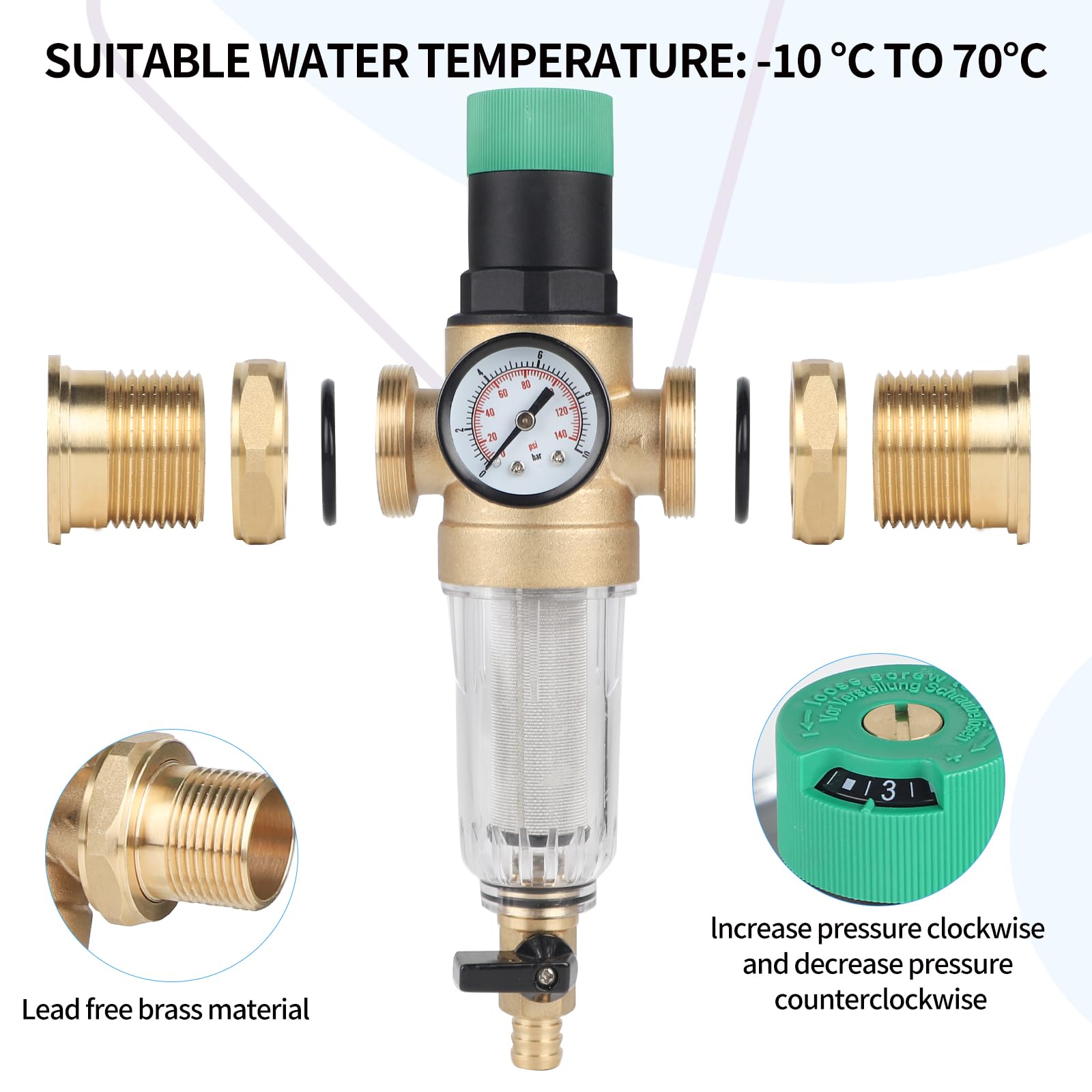 SWAWIS Regolatore di Pressione Acqua 1‘’ DN32 con Manometro Pressione Acqua e Filtro a Setaccio Regolatore di Pressione Acqua Regolabile per Acqua Potabile