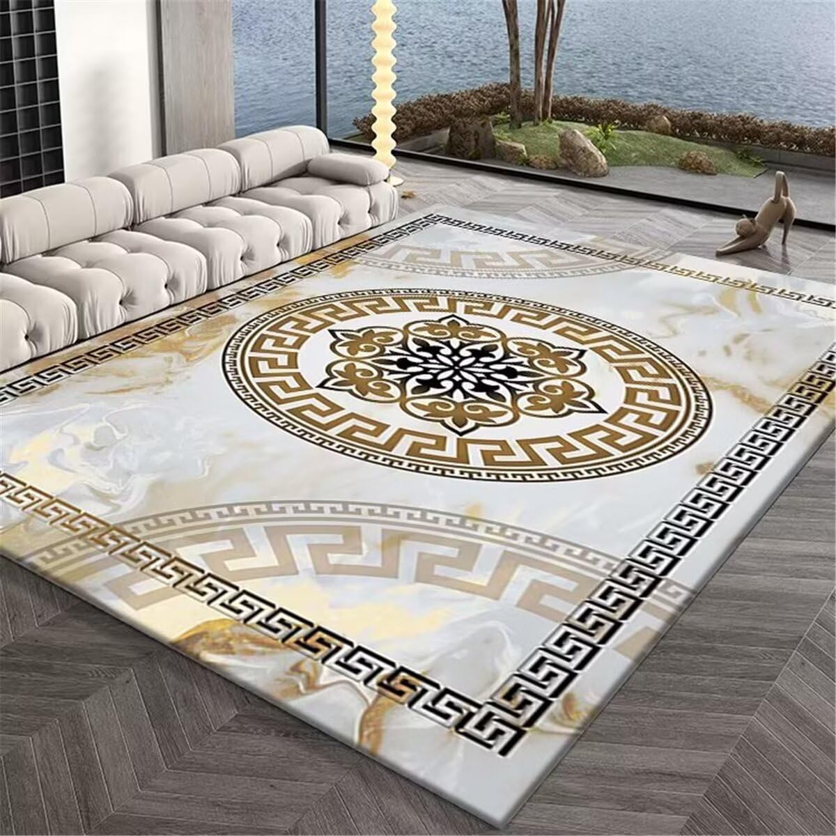 Tapis sol gris design géométrique grand format pour intérieur épuré