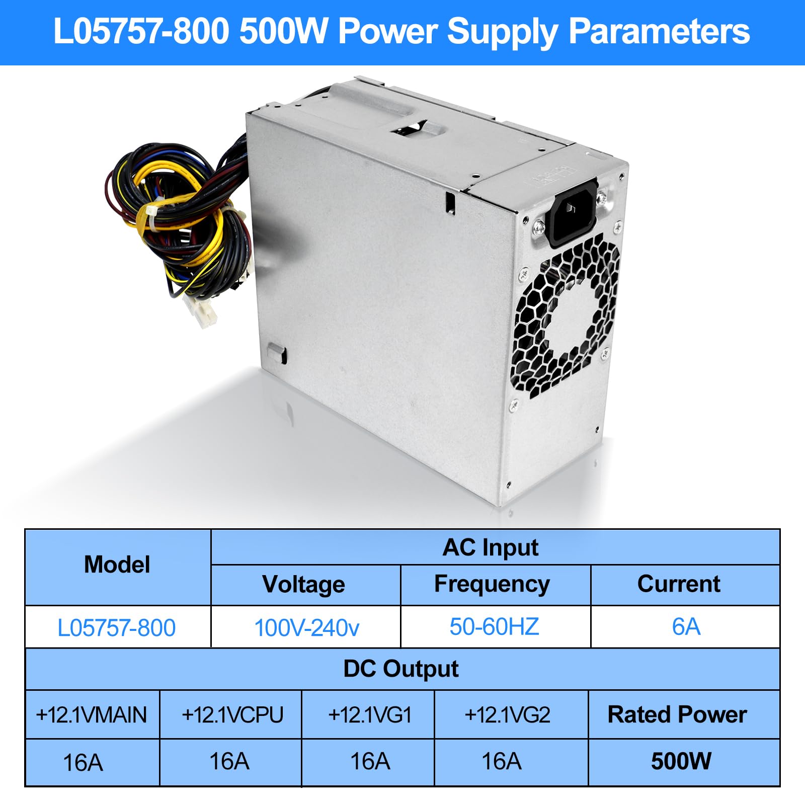 S-Union L05757-800 zasilacz przełączający 500 W kompatybilny z HP EliteDesk Z2 G4 800 880 600 G3 G5, model L05757-800 DPS-500AB-32 A, 795-0003UR 901759-011759-011759-01759-011759 3 zasilacz biurkowy