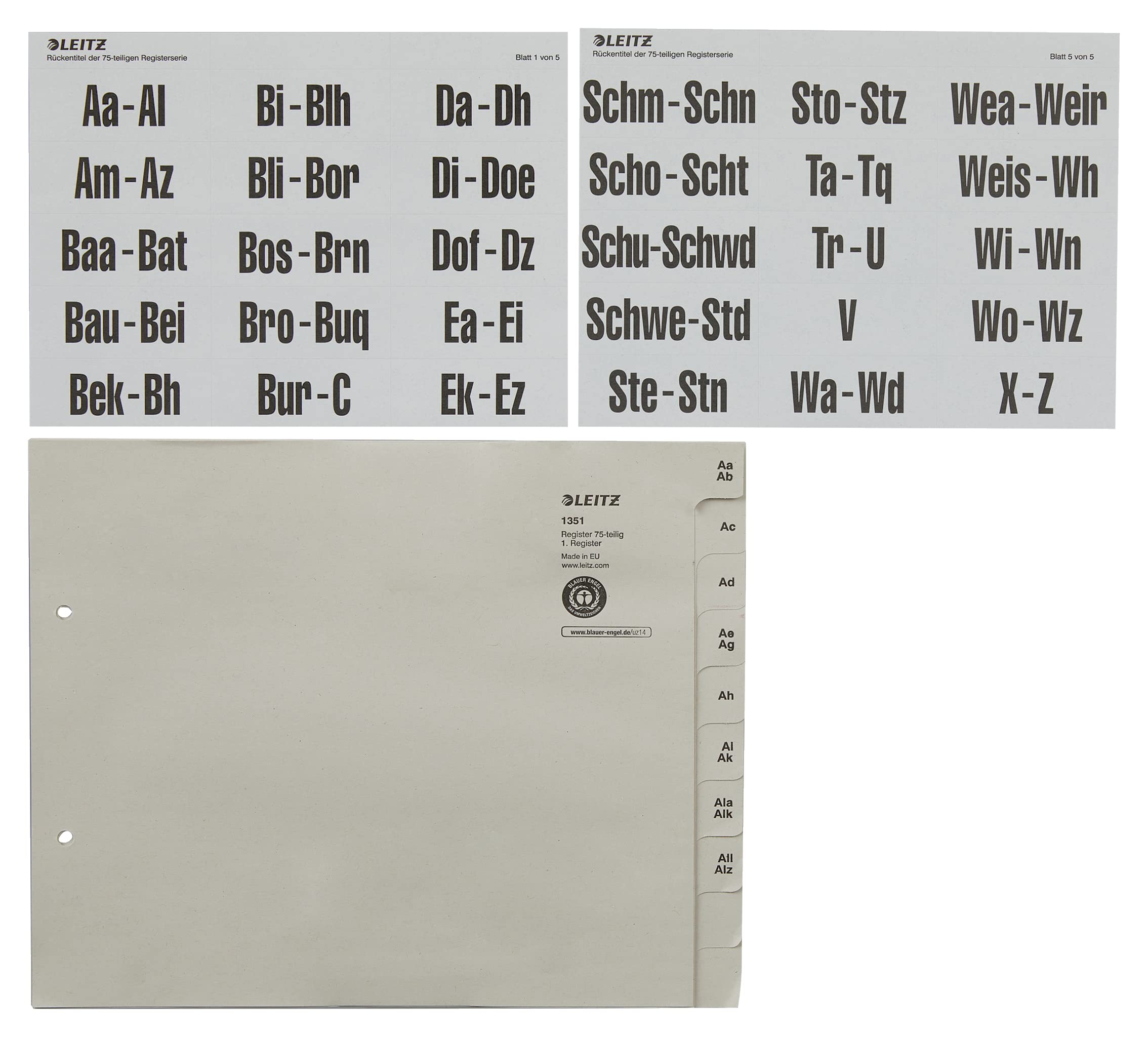 Leitz Register, Trennblätter mit Taben und alphabetischem Aufdruck A-Z für 75 Ordner, Halbe Höhe und Überbreite, Grau, 100% recyceltes Papier, Blauer Engel Siegel, 13510085