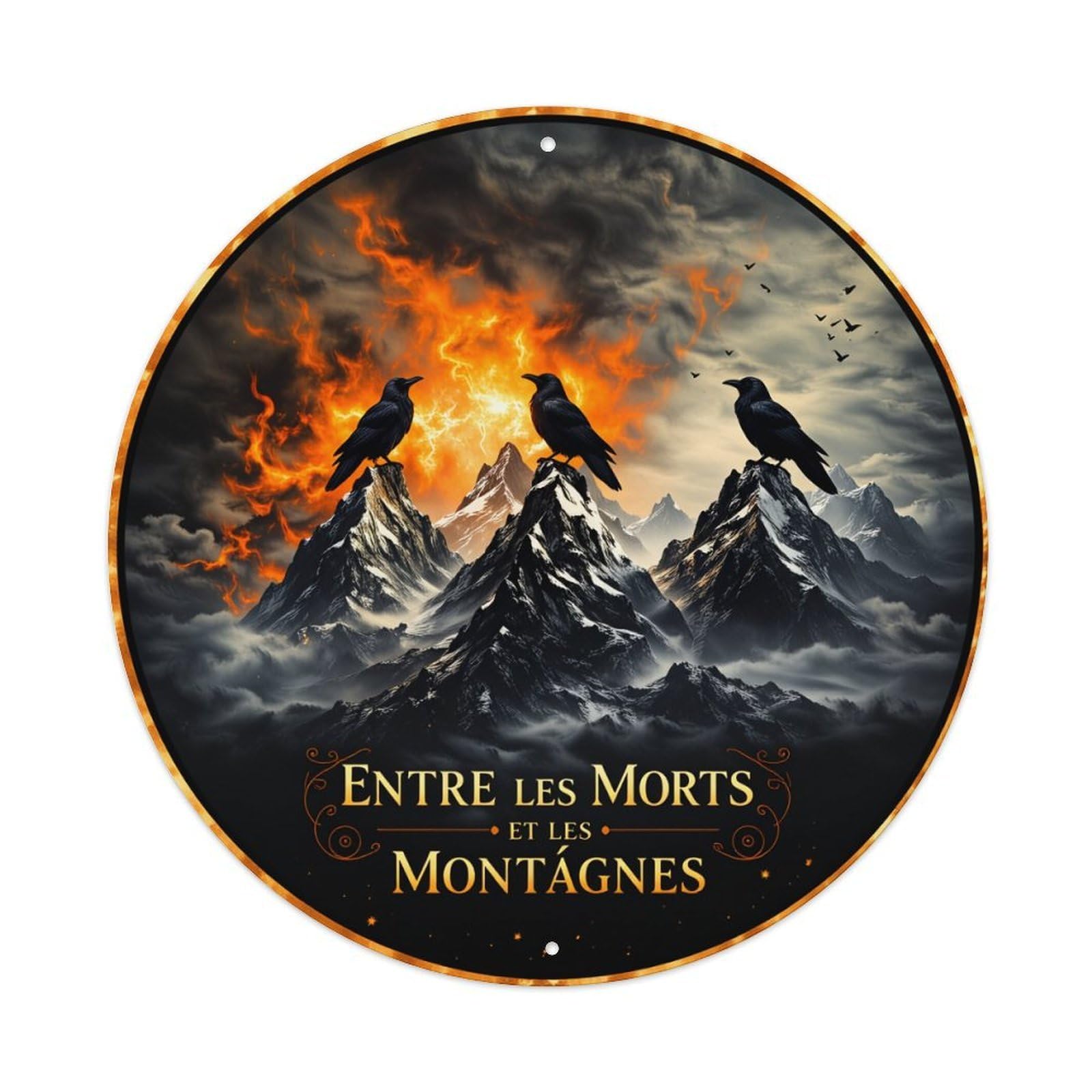 Wmlzdnwr Vintage Mountains Fire Crows Sky Darkness Gold Text Round Tin Sign,Retro Wall Art,Metal Poster For Home, Bar, Garage, Cafe, Rustic Indoor & Outdoor Decor, 8X8 Inches