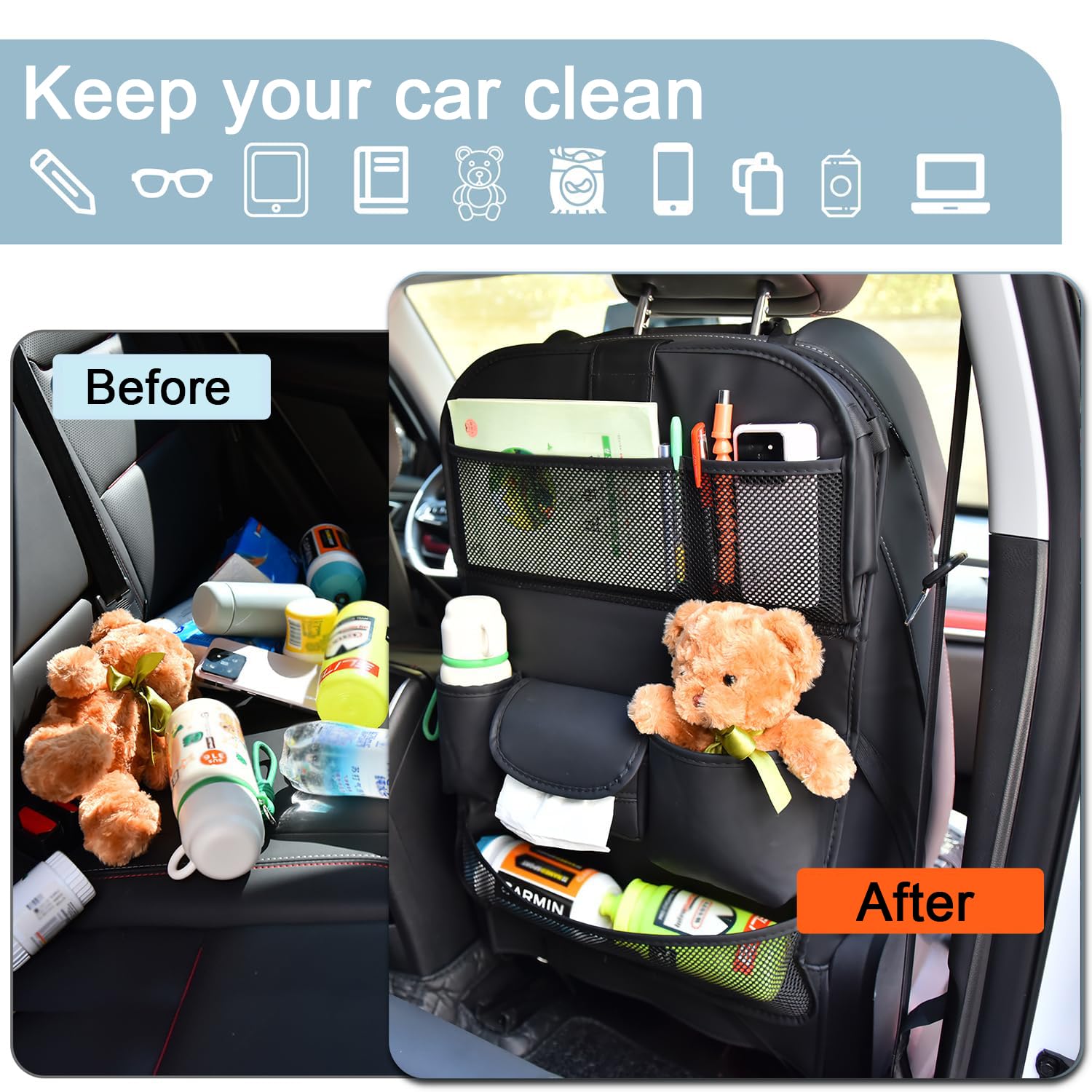 Organizer per seggiolino Auto, per Ford Grand V408/Tourneo Courier B460/Tourneo Custom V362 Organizer per Bambini, Multifunzione, con Tavolo Pieghevole e Diverse Tasche