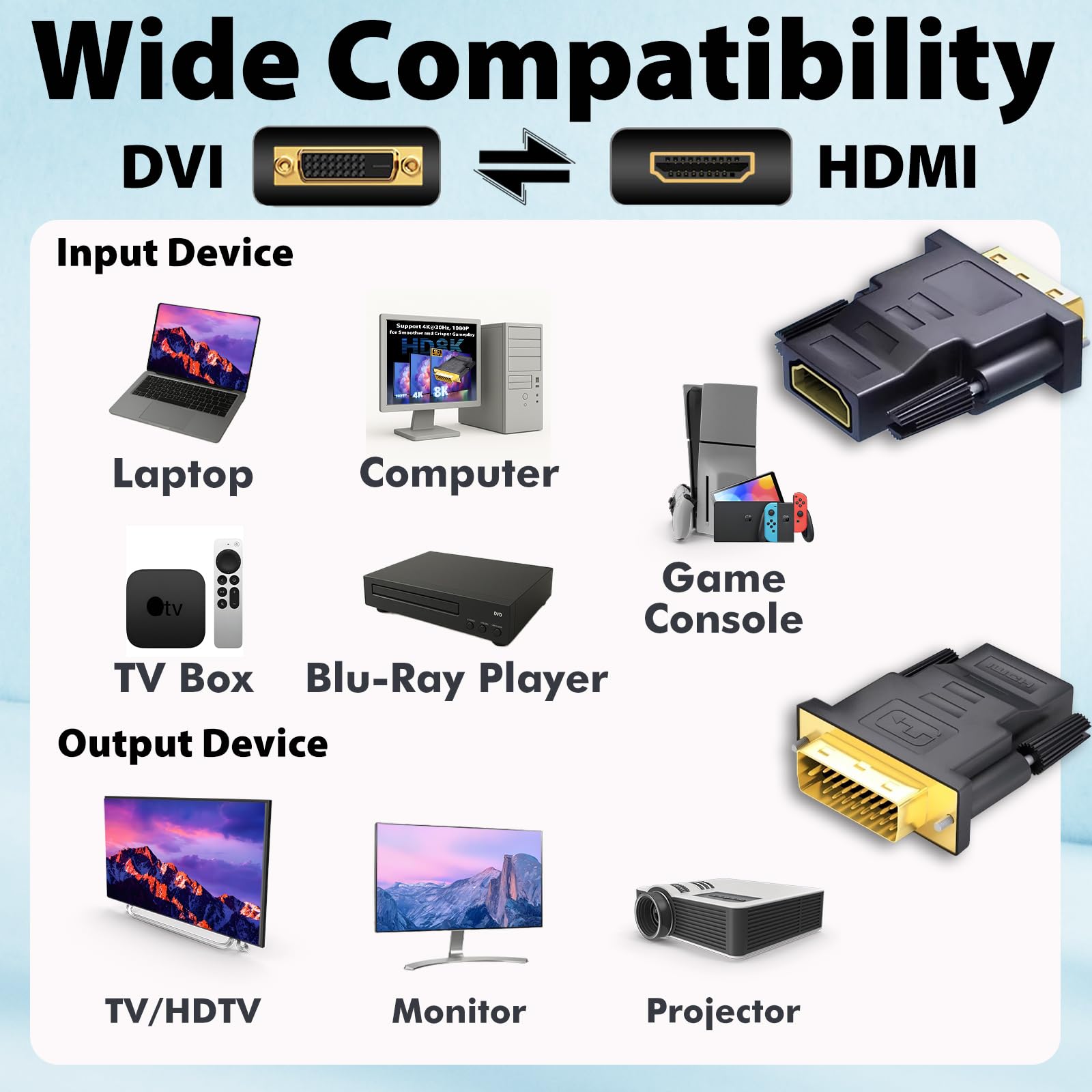 Cyberguys! DVI zu HDMI Adapter, 2er Pack - Bidirektionaler DVI-D Stecker auf HDMI Buchse Konverter - 4K/30Hz UHD Video Unterstützung für Monitor, HDTV, Projektor, PC, PS4, Laptop - Vergoldete