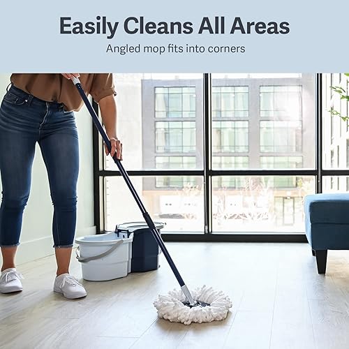 Miniatura 6 de Casabella Trapeador giratorio de agua limpia con sistema de 2 cubos, juego de trapeador giratorio y cubo de trapeador con repuesto, azulblanco