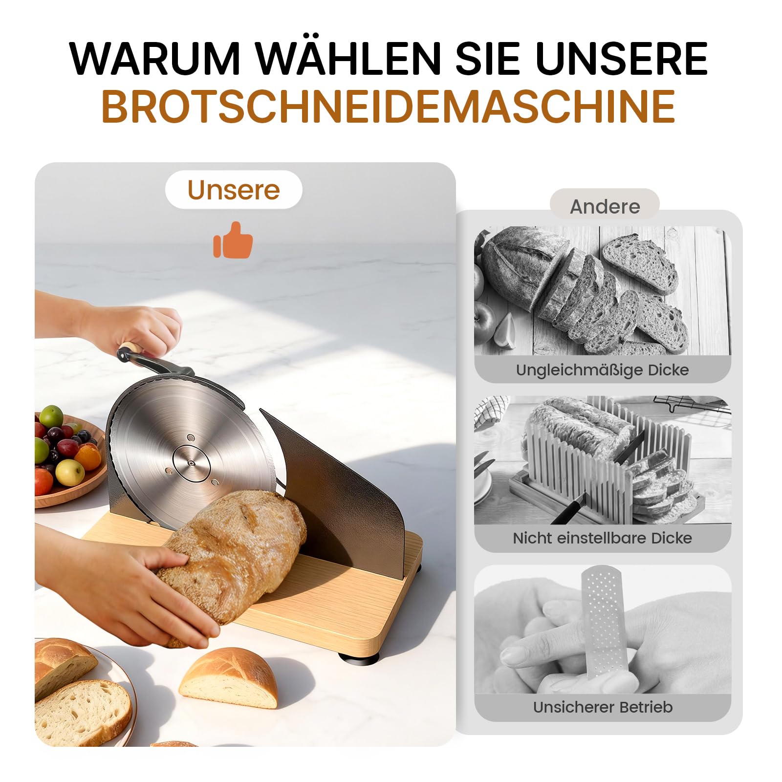 Brotschneidemaschine Manuell mit Handkurbel | Einstellbare Scheibendicke | Scharfe Edelstahlklinge & Buchenholz Basis | Rutschfest durch Saugnäpfe | Kompakt für selbstgemachtes Brot & Sauerteigbrot