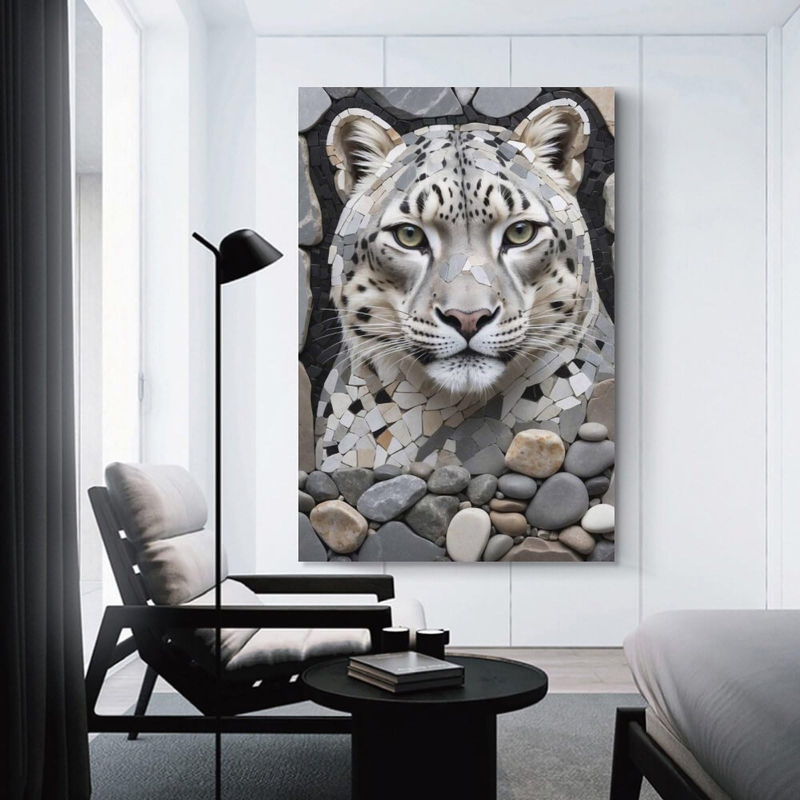 Junmoney Snow Leopard Mosaic Portrait Canvas Wall Decor, 24x36inch(60x90cm), for Apartment Walls, Studios Or Work Areas, Decorative Canvas Decor for Home Updates
