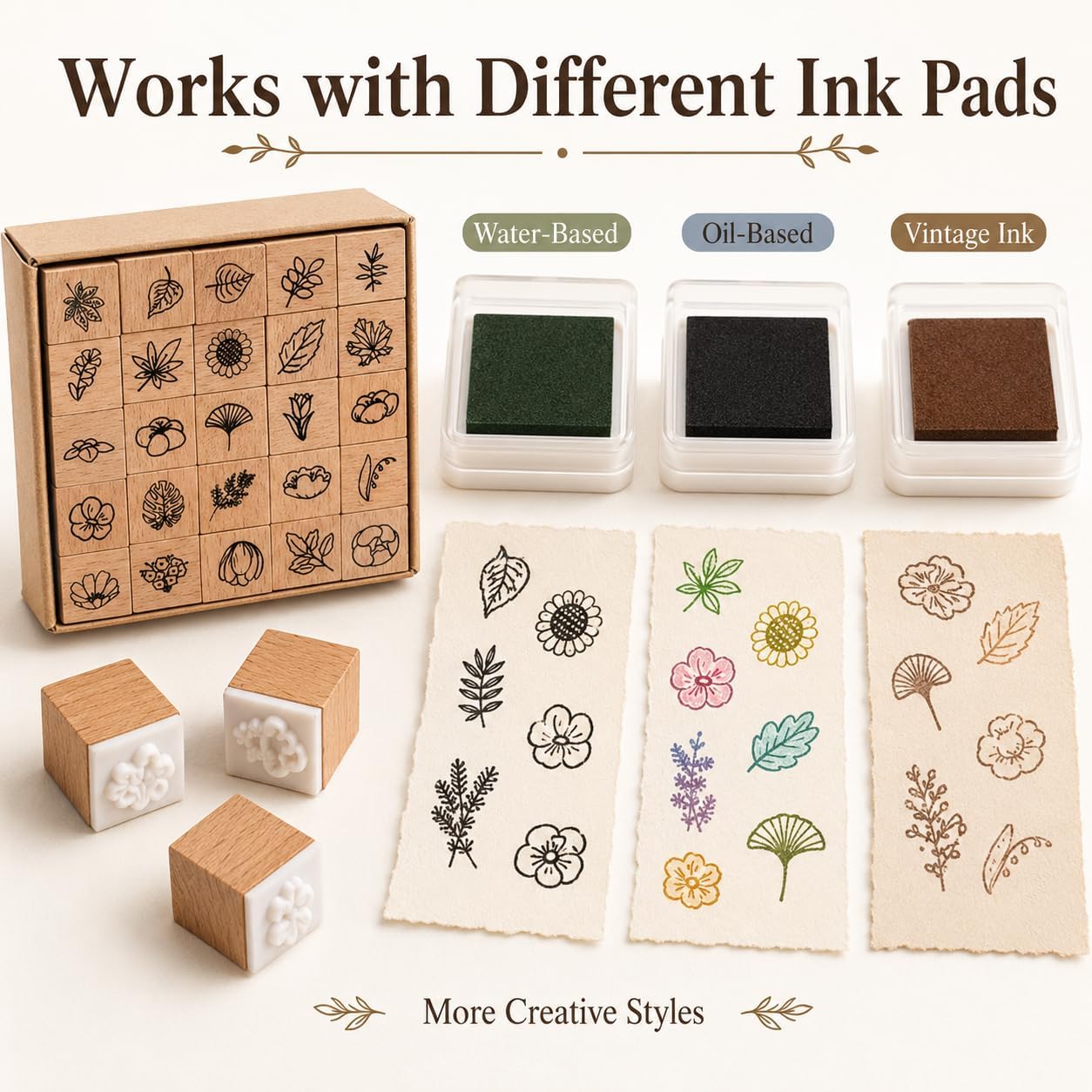 50PCS Mini Rubber Stamps for Crafting, Planner Cute Scrapbooking Supplies | Emoticon & Leaf Designs, Beech Wood Handle, Bulk, 2 Sets, for Junk Journal, Bullet Journal, Notebook, Card Making