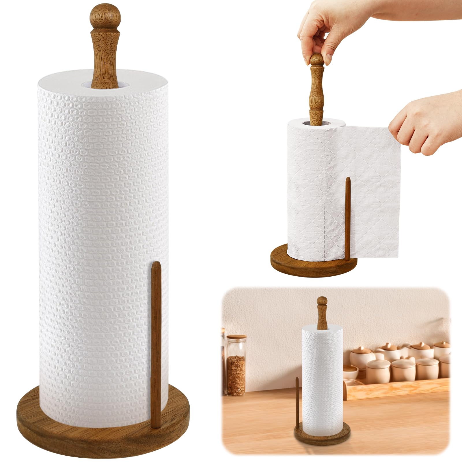 Wooden Kitchen Roll Holder with Double Bar Design Vintage Paper Towel Holder Stand for Countertop Easy One-Handed Tear Kitchen Towel Dispenser Rustic Wood Base Organizer for Standard & Jumbo Rolls