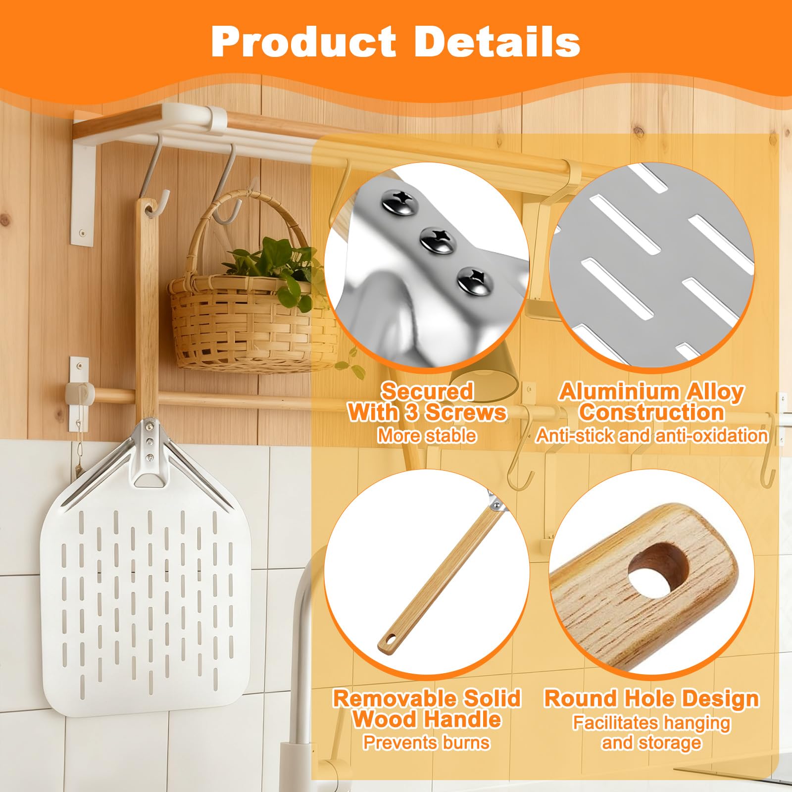 Pelle à Pizza Perforée 39,5 x 30 cm avec Poignée en Bois Longue Amovible, Spatule Pizza en Aluminium 12 Pouces, Coupe à Pizzas Grande Surface, Pelle Pain Cuisson Professionnelle pour Barbecue et Four