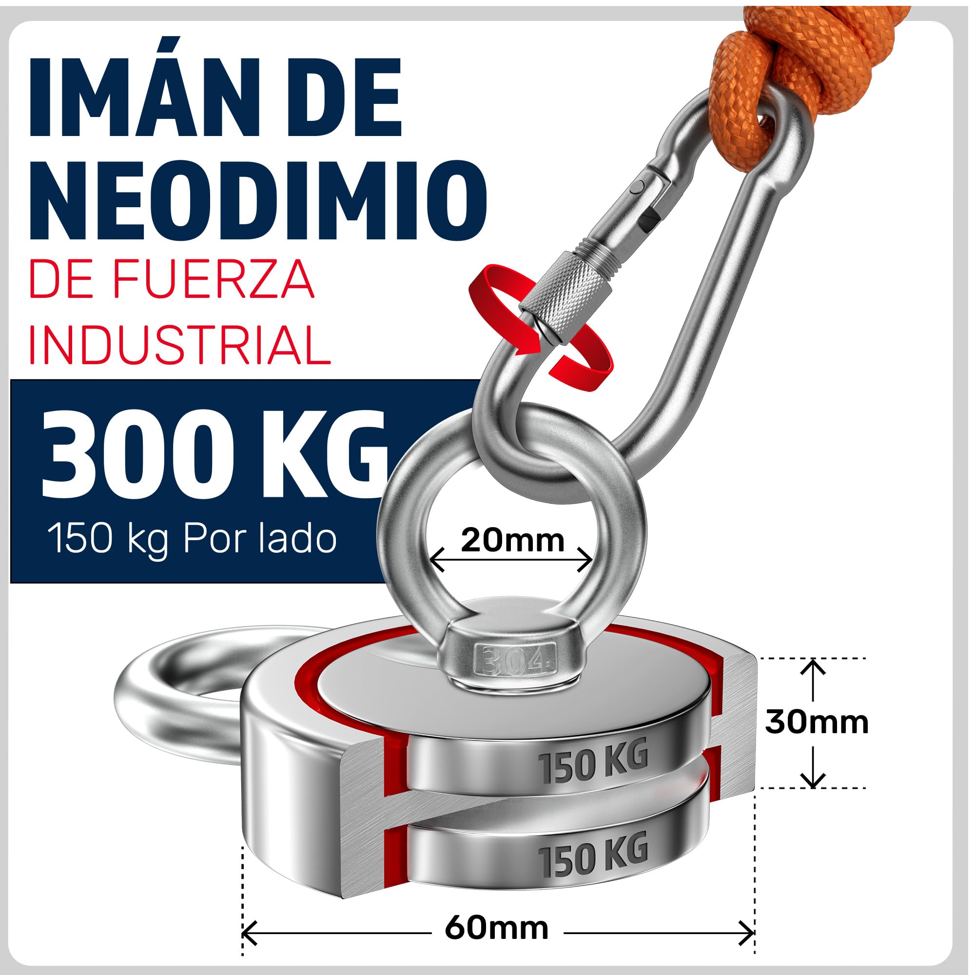 MAGFISHION Juego de Pesca Magnética - Fuerza de Atracción 150 KG - Ø60mm - Imanes Neodimio Potentes con 2 Cuerdas, Gancho de Grapa y Guantes- Iman de Neodimio