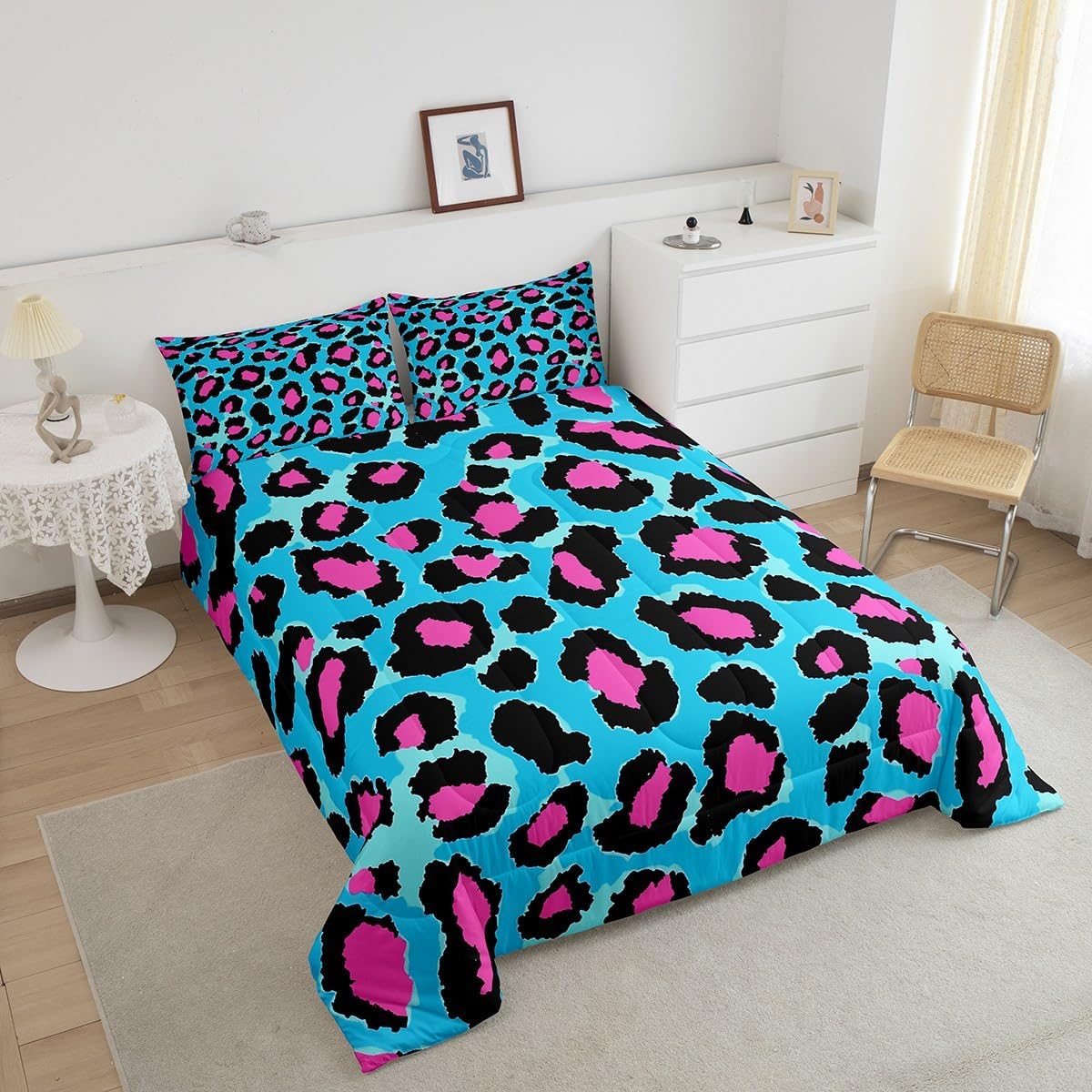 Feelyou Blue Pink Leopard Bedding Set Boys Girls Full Size Cheetah Comforter Set for Kids Women Men Ultra Soft Animal Print Comforter Safari Duvet Set Room Decor Zebra Quilt Set