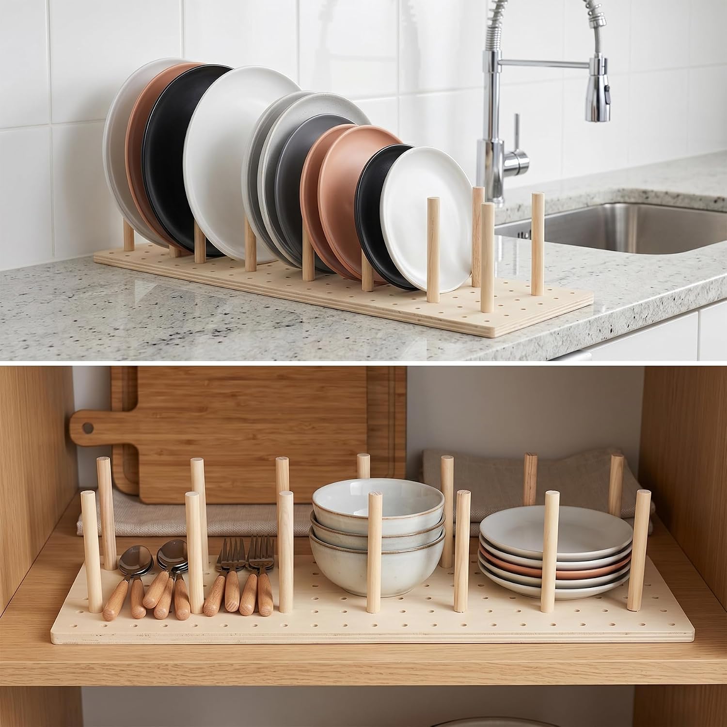 4 Pcs Wood Pegboard Drawer Organizer with 32 Pegs, Adjustable Peg Drawer Organizer for Kitchen, Compact Dish Drying Rack for Cabinet, Plate Rack for Cabinet, 21x6x4in