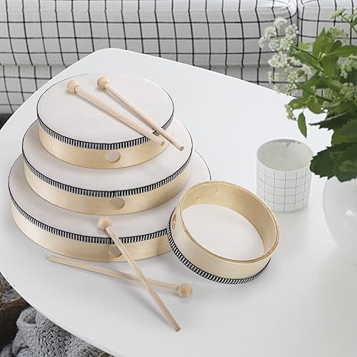 Miniatura 7 de Foraineam Paquete de 4 tambores de mano de 12 pulgadas, 10 pulgadas, 8 pulgadas, 6 pulgadas, juego de batería de madera de percusión musical, tambor