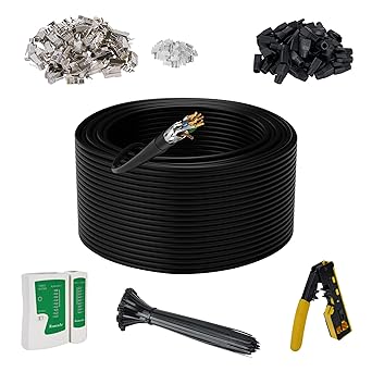 Cat 7 Outdoor Ethernet Bulk Cable 300 FT With Tool Kits, Adoreen 10Gbps Heavy Shielded Internet Cable,24AWG Solid Copper,POE,UL CMR,S/FTP,Direct Burial&Indoor,Cat6A Cat7 Cat 6E Cat 6 Network RJ45 Cord