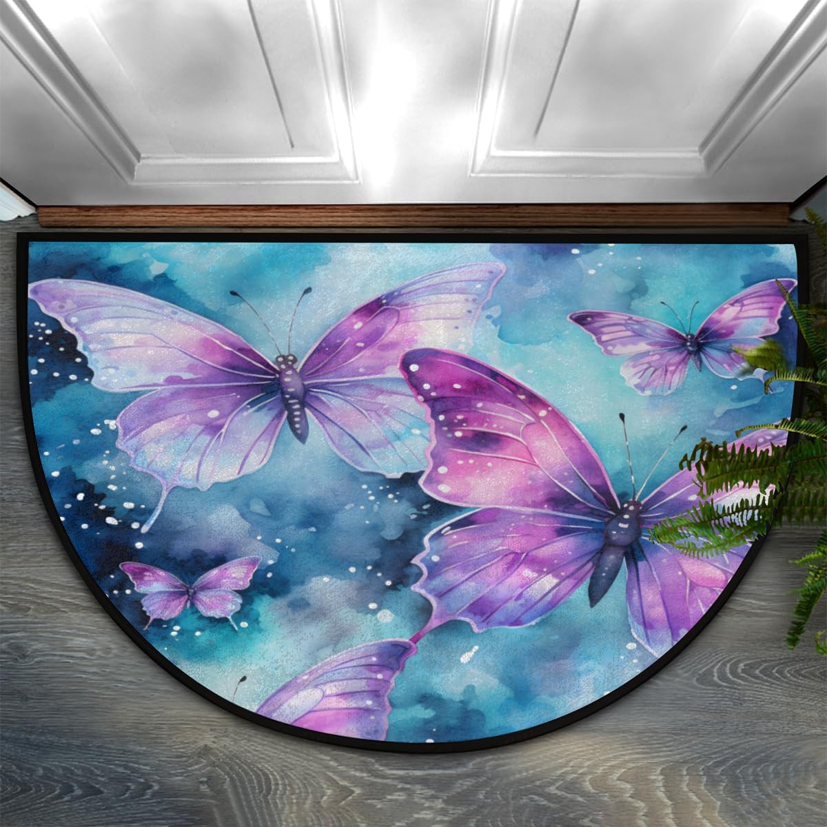 TropicalLife Butterfly Galaxy Half Round Door Mat Indoor Outdoor Doormat Washable Welcome Outside Entrance Way Front Half Circle Rugs for Entryway Hallways Kitchen Decor