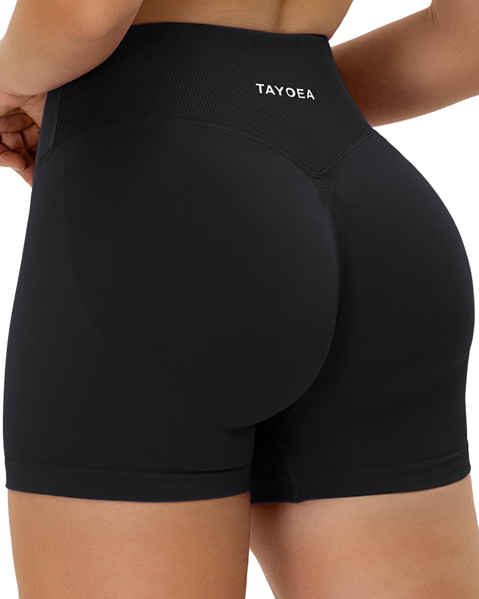 TAYOEA Damen Sport Shorts Unsichtbarer Scrunch Kurze V-förmiger Crossover Gerippter Bund Short Seamless Kurze Butt Lifting Gym Short