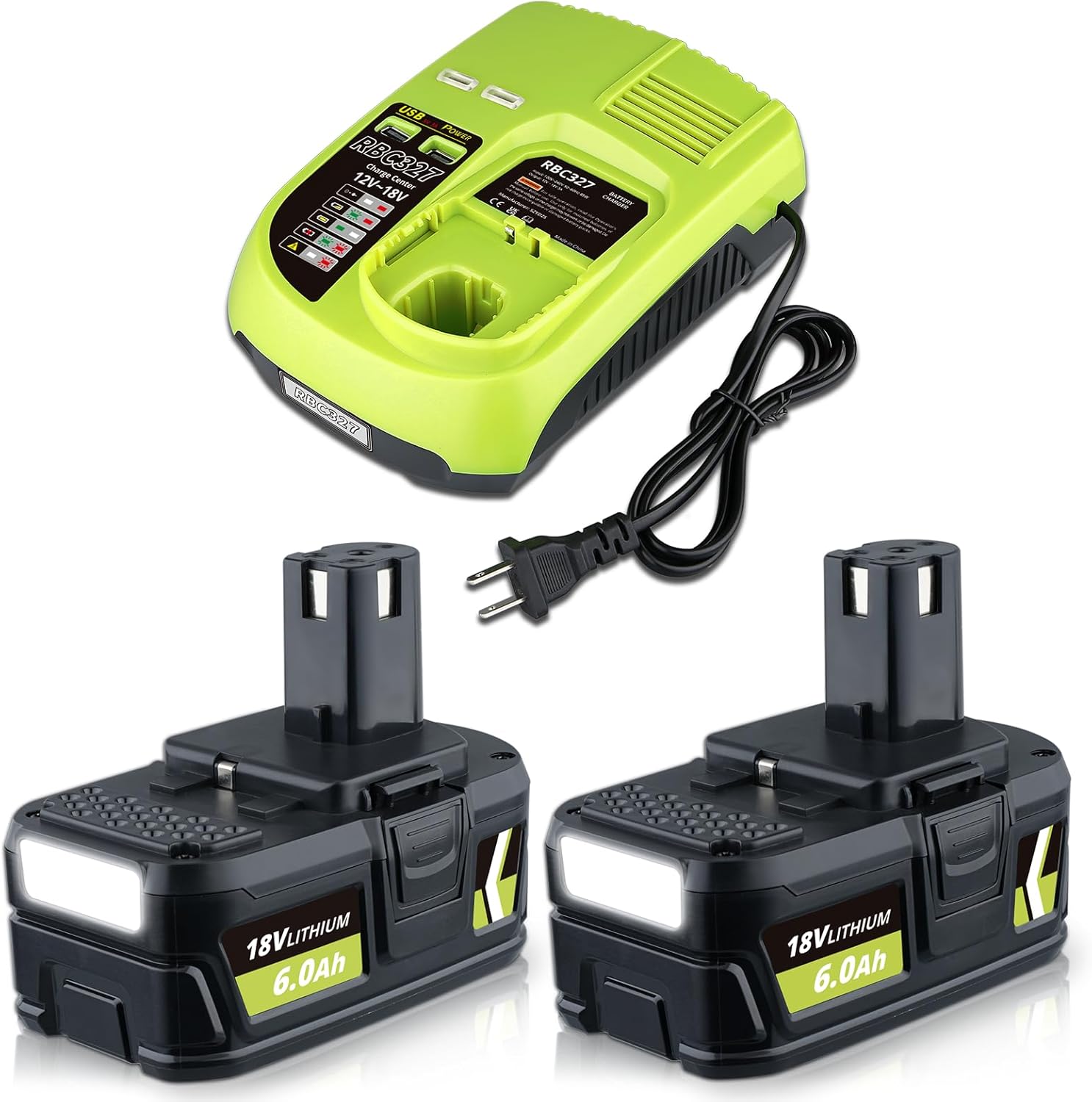 P108 18V 6000Ah 2Pack Lithium Replacement for Ryobi Battery and P117B Charger Compatible with Ryobi 18V Battery P102 P103 P104 P105 P107 P108 P109 P190 P122 for 18 Volt Cordless Power Tools