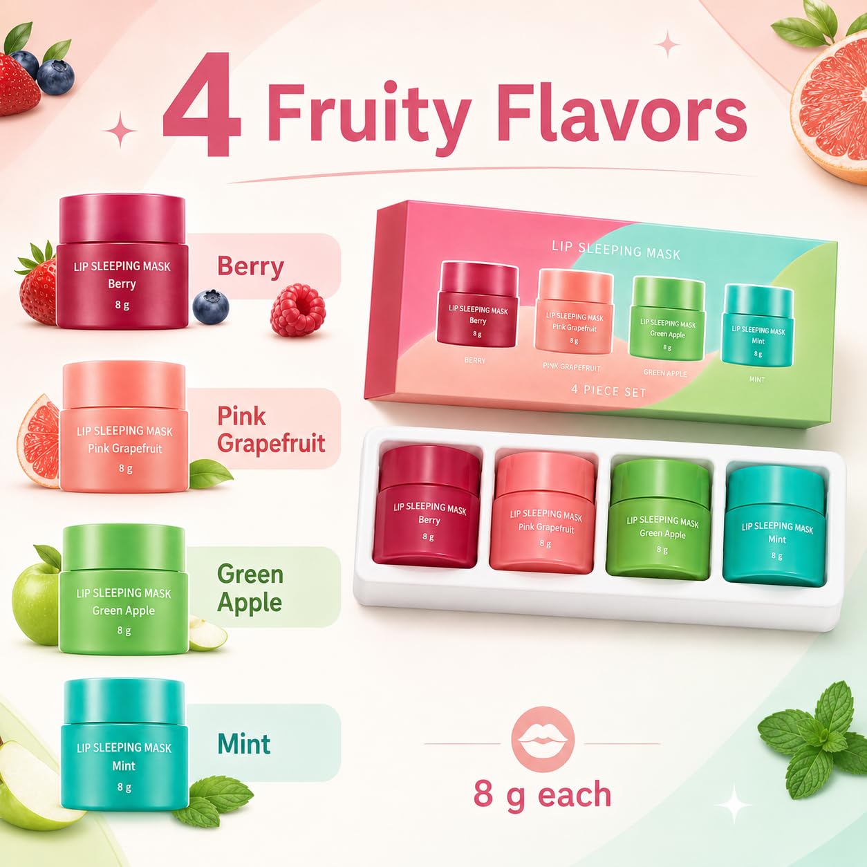 Lip Sleeping Mask Set, 8 g Each Fruity Scent Overnight Lip Care Balm | finish、glossy feel、daily lip care、overnight lip care、comfortable balm texture