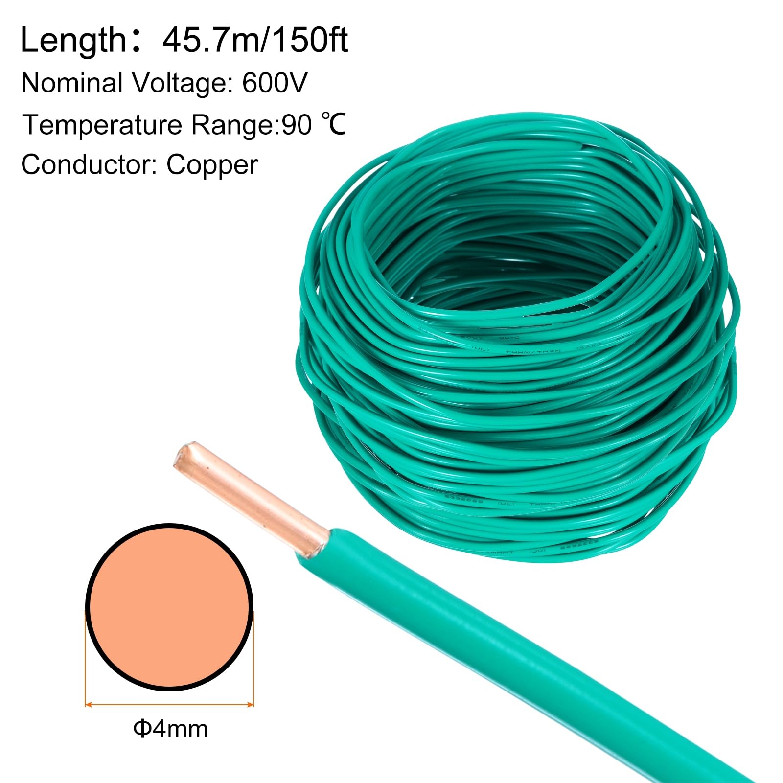 QUARKZMAN 150 Fuß Elektrischer Draht Isoliert Massivkupfer 12AWG Anschlusskabel THHN Draht Wohnbereich Industrie Erdung Elektrisch Bewertet Für 600 Volt UL Gekennzeichnet Grün