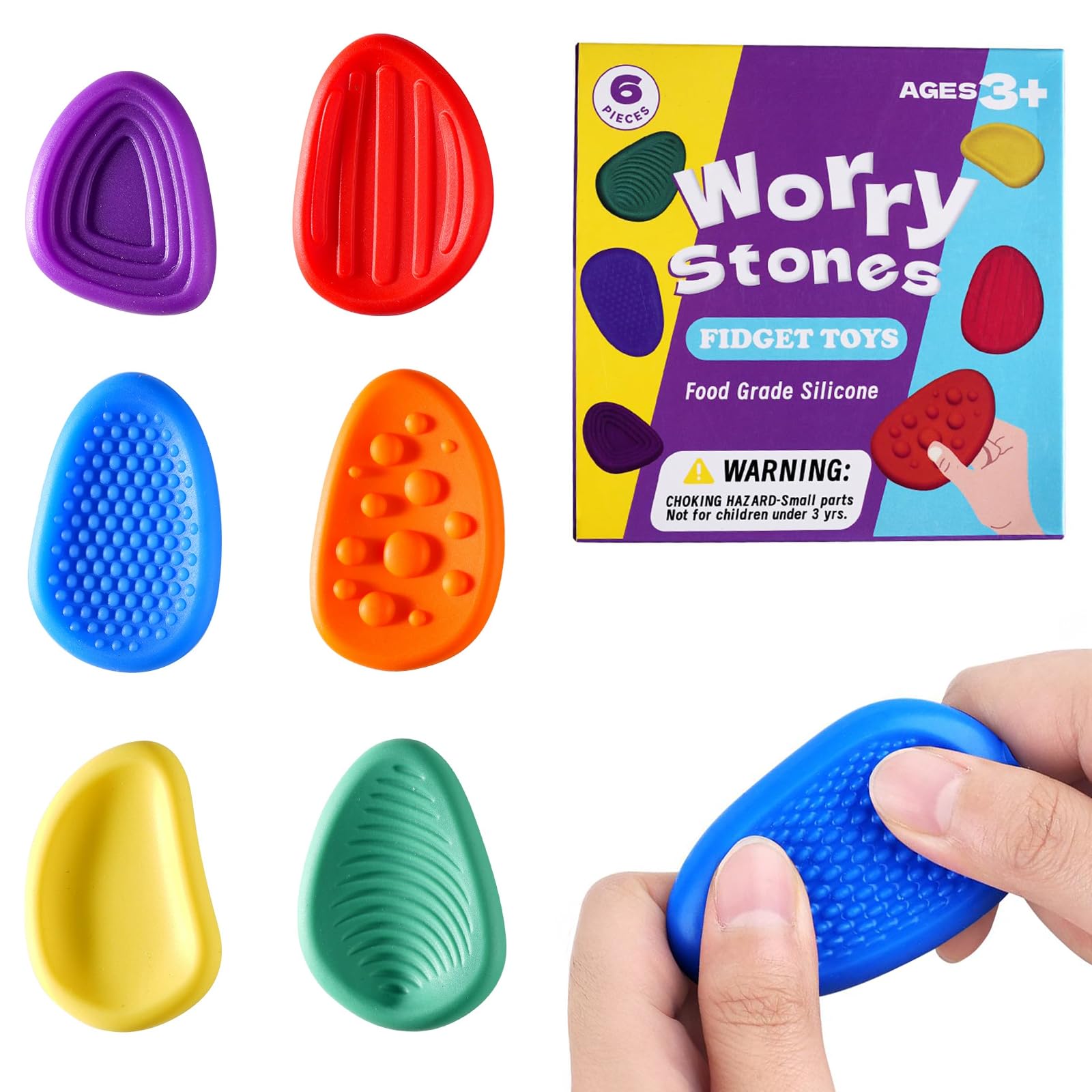 Sensory Stone, 6Pcs Fidget Toys for Kids & Adults, Worry Stones for Anxiety Relief Autism Toys Stress Relief Tools