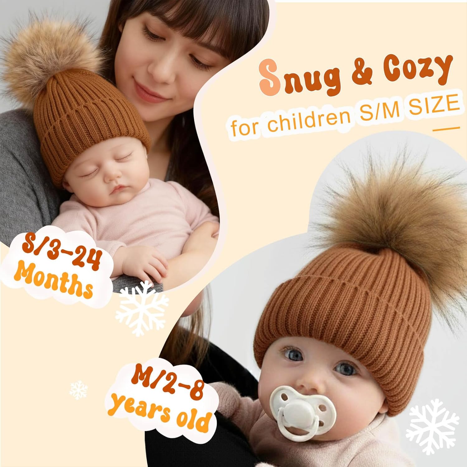 Baby mutsjes met 2-pack, warme wintermutsen voor jongens en meisjes, fleece gevoerde baby mutsjes voor baby's van 0-36 maanden