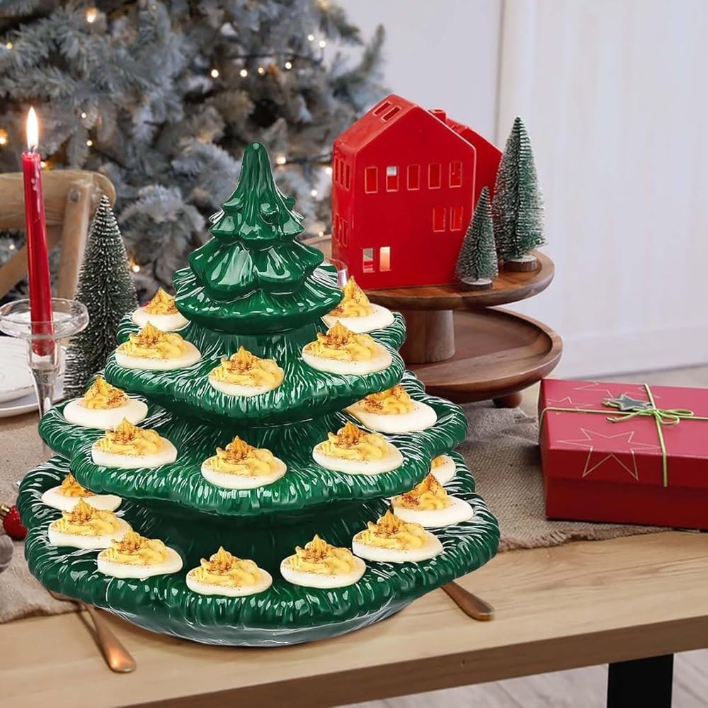 Deviled Egg Christmas Tree, 3 Tier Deviled Egg Container with Lid and 26 Slots, Reusable Resin Eggs Holder, Serving Plates Ornament for Holiday Farmhouse Kitchen (Green)