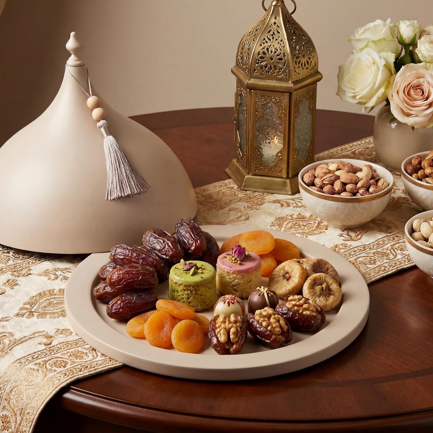 Qinyoung Decorative Ramadan Dates Cover, 12 Inch Taupe Metal Serving Dome Cloche Cover with Silver Tassel for Dates, Eid Serving Platter, Elegant Iftar and Suhoor Table Centerpiece