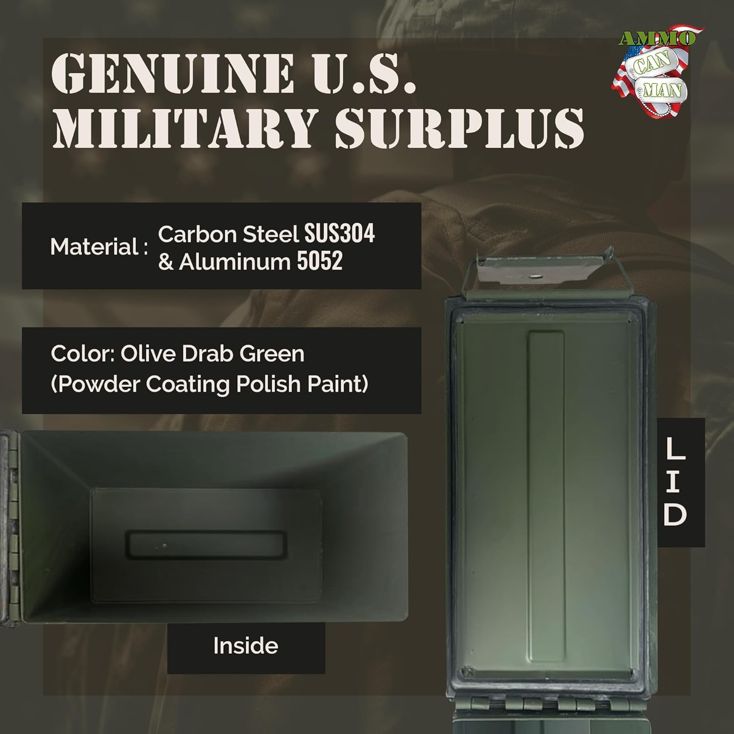 M2A1/A2 50 Cal Ammo Can - Genuine Military Surplus Ammunition Box w/Handles & Hinged Lid - Customizable Print Renewed Olive Drab Green Metal Ammo Box for Outdoor Enthusiasts