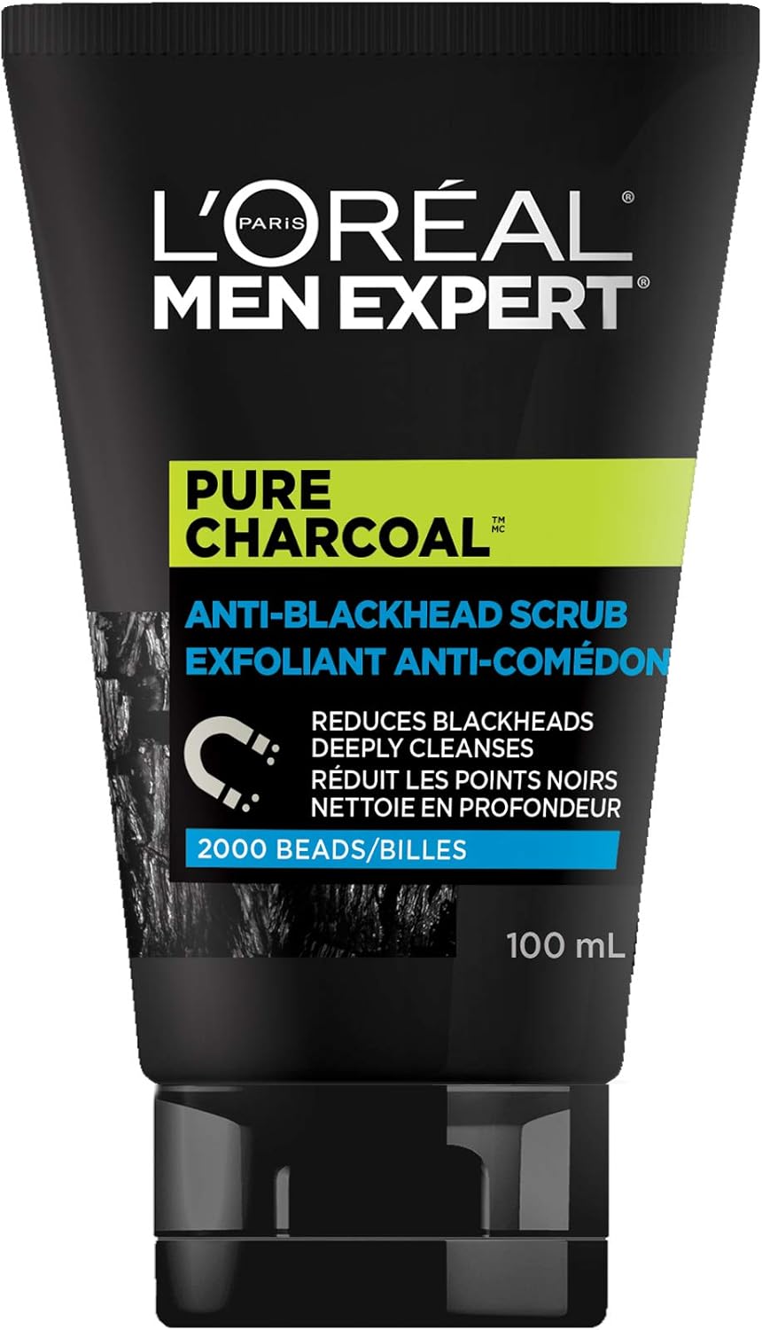 LâOrĂŠal Paris Anti-Blackhead Scrub for Men, Pure Charcoal Men Expert Skincare, With Oak Charcoal to Reduce Blackheads and Deeply Cleanse Skin, 100 ml