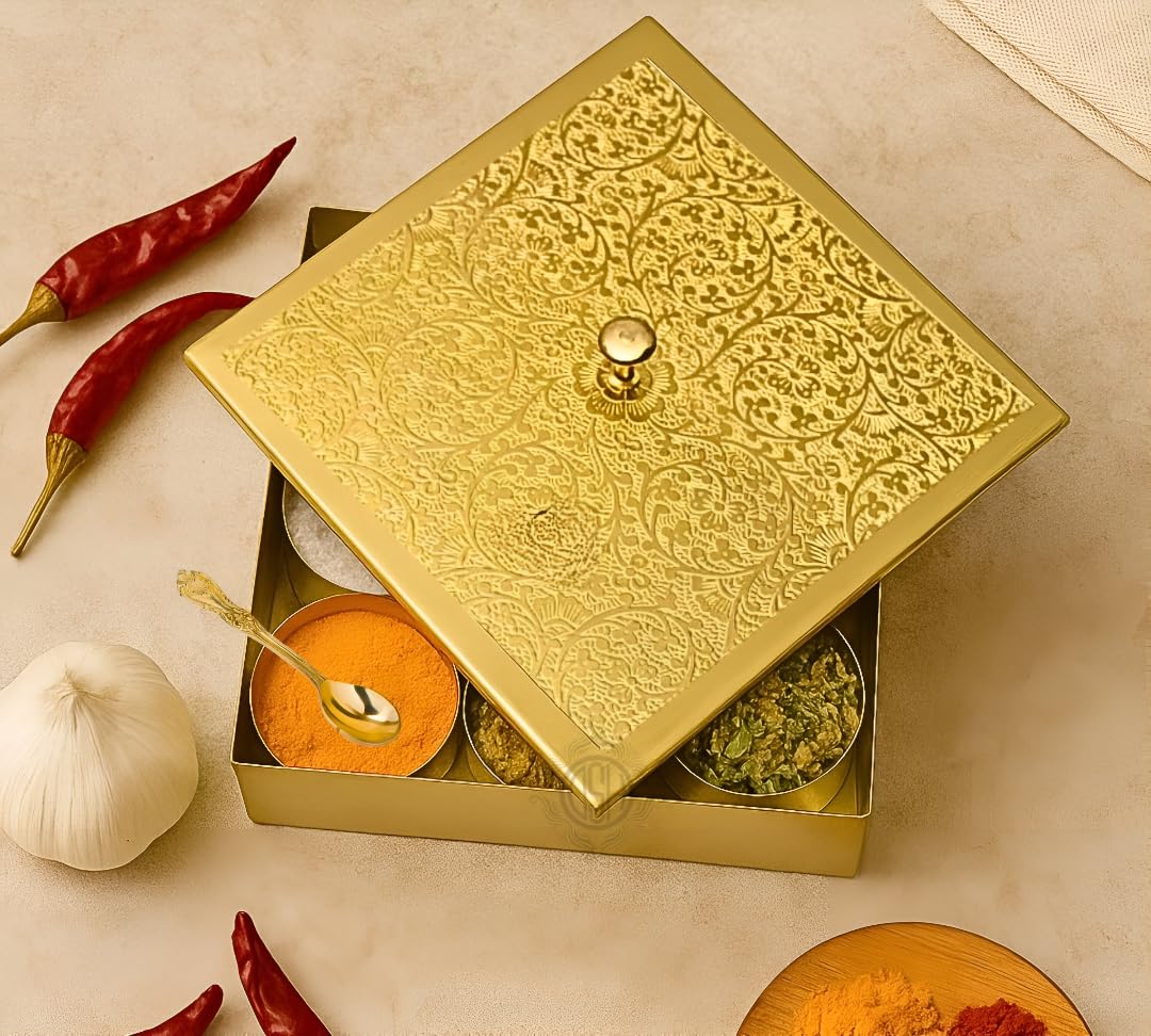 DSH CRAFTING YOUR CURIOSITY Brass Spice Box Square Shape Multipurpose Stylish Masala Dani Dabba With 1 Spoon And 9 Containers For Kitchen. (Br-8-Masalabox-Sqr),Gold