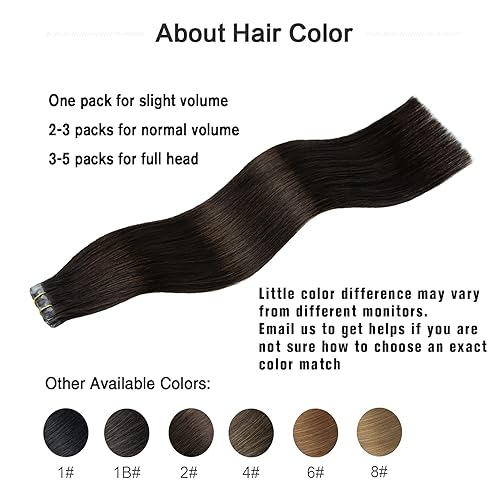 Miniatura 2 de Extensiones de cabello adhesivas, sedosas y lacias, color 2 marrón oscuro, 100% Remy, para mujeres de moda, 20 unidades por paquete (18 pulgadas,