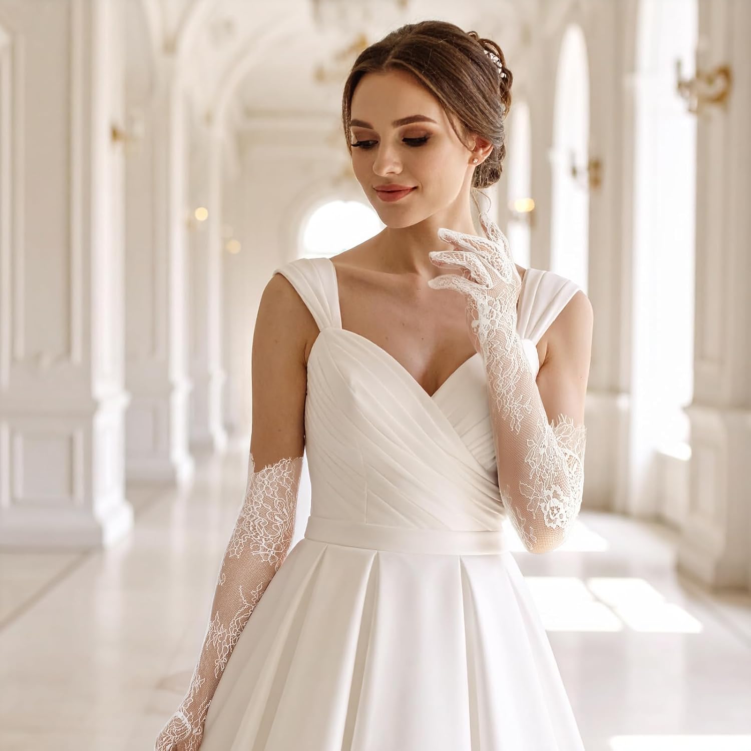 White Lace Gloves, Elegant Long Lace Gloves Women, Floral Mesh Tea Party Glove for Bridal Wedding Engagement Cocktail Cosplay Halloween Accessories (small size) - Image 6