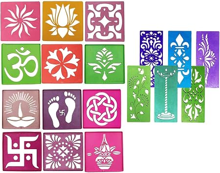 12 Different Design Draw Rangoli Making Kit Rangoli Stamp Om Swastik Flower Design Colourful Rangoli Making Stencils & 6 Border Stencils Total 18 Pieces