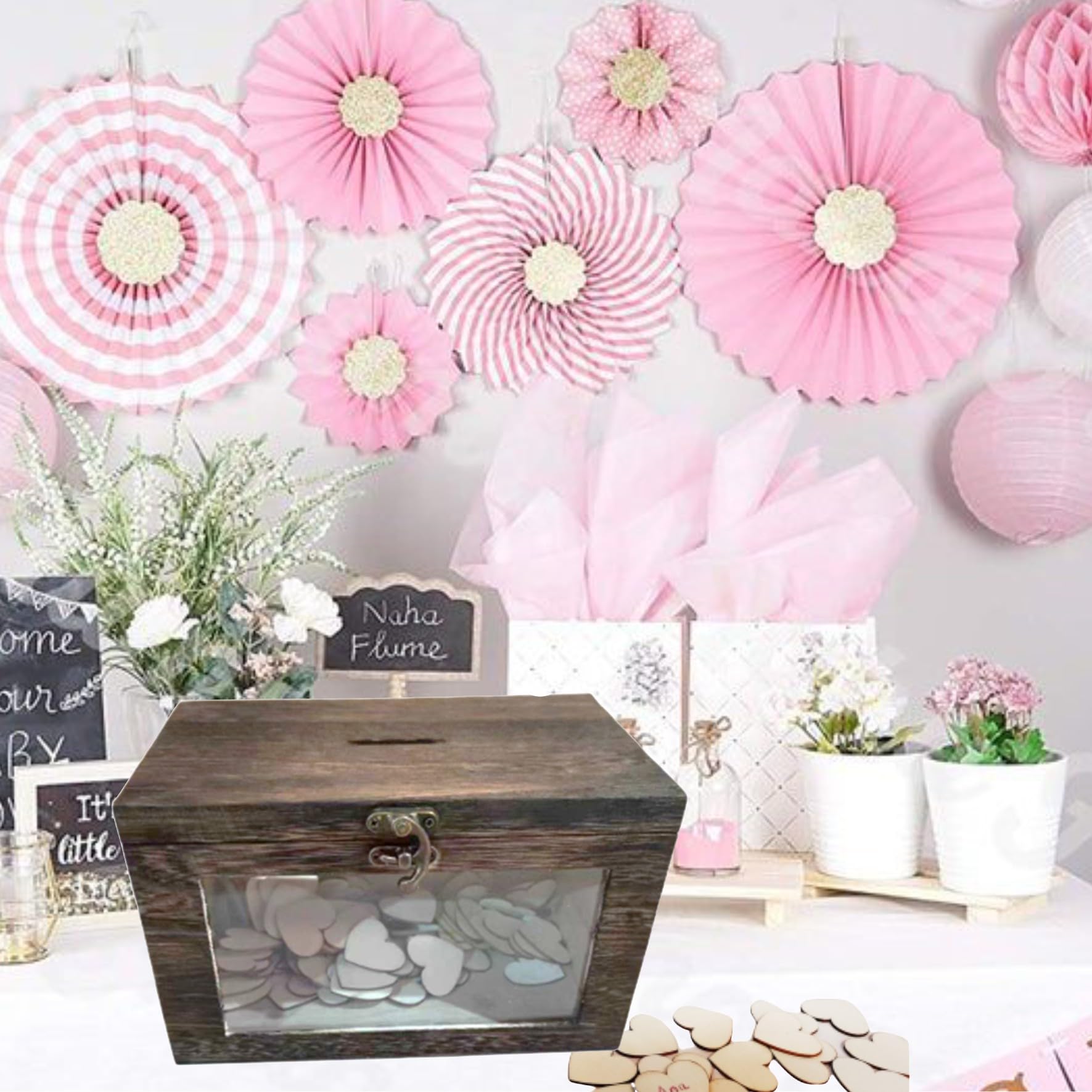 Caja Madera con Tapa. Hucha de Madera.Caja de Regalo.Recuerdo Invitados Boda. Regalo cumpleaños, Corazones de Madera para frmar. Libro de visitas