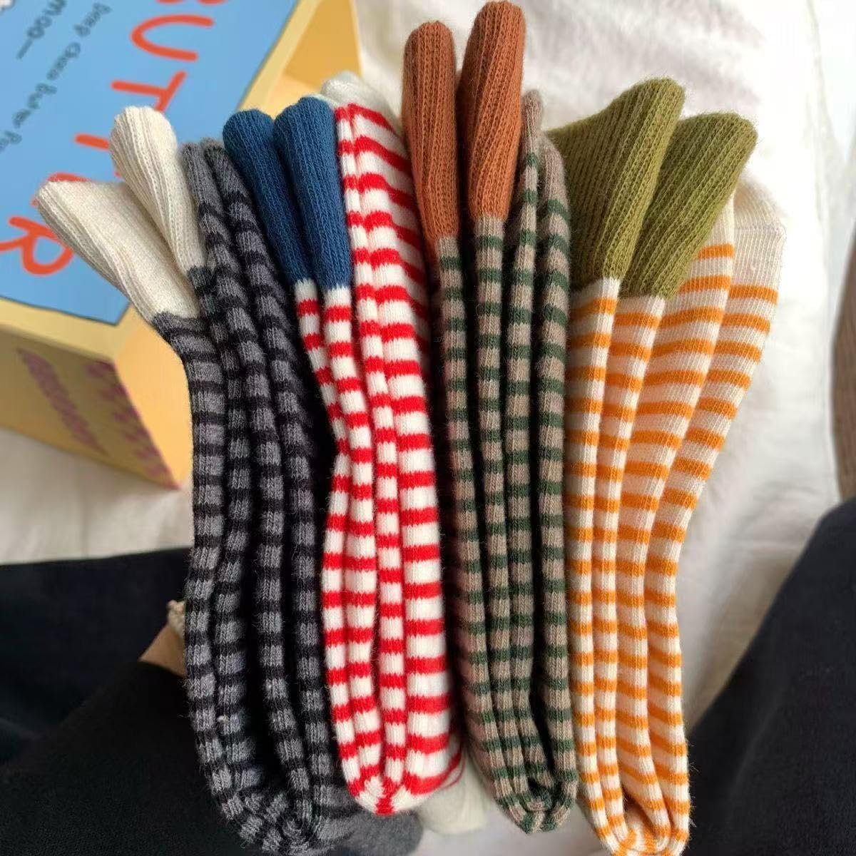 4 Pairs Cotton Fashion Athletics Retro Cute Striped Crew Socks for Women - Image 6